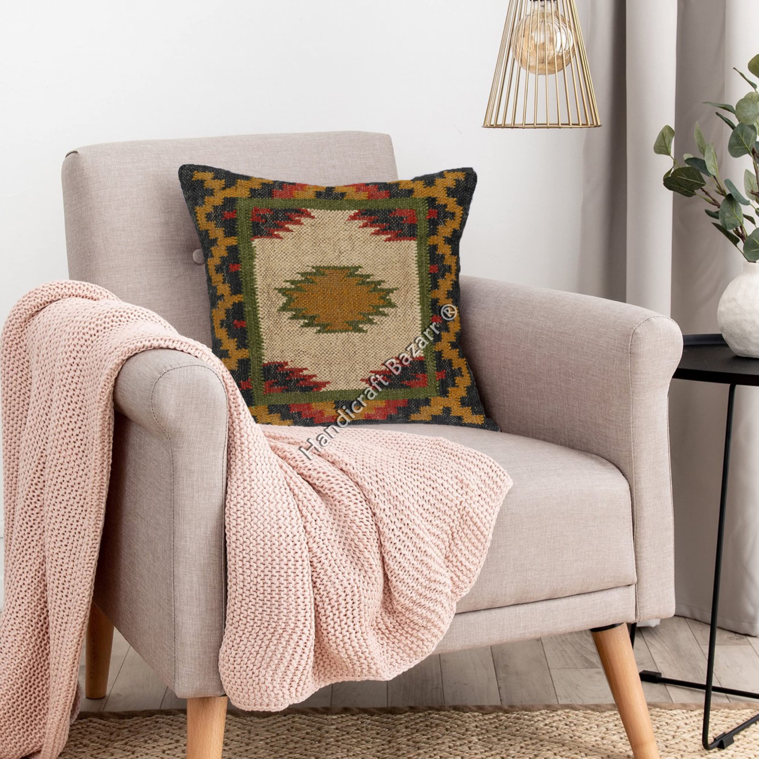 Handicraft Bazarr Wool Jute Pillowcase Ethnic Kilim Pattern Cushion Case Bohemian Turkish Square Sofa Sham Decor Pillow Cover Indian Vintage Cushions (Pattern 6)