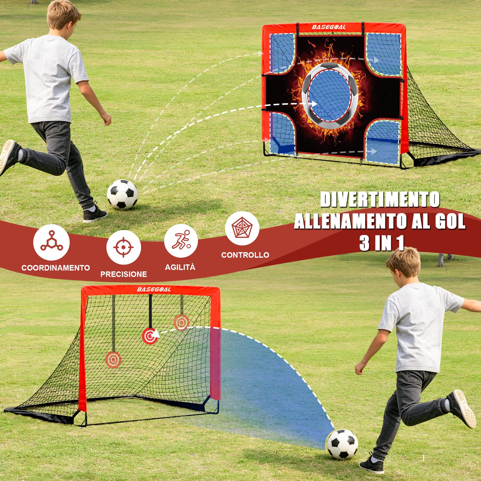BaseGoal 3-in-1 Porta da Calcio da Giardino con Completo per Allenamento | Porte da Calcio con Rete, Panno Bersaglio, Bullseye e Disco Marcatore, Adatto Come Un Regalo per Gli Appassionati di Calcio