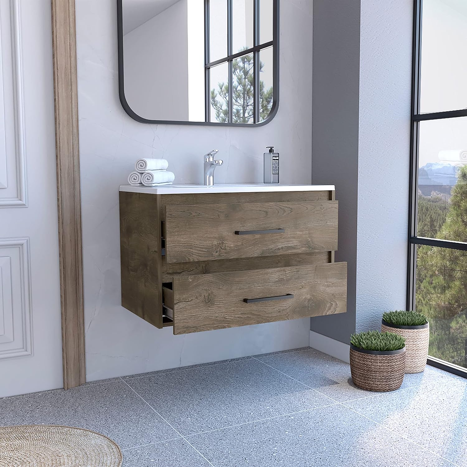 FM FURNITURE Maine Floating Vanity Bathroom with 2 Drawers and Handles, Dark Brown/White