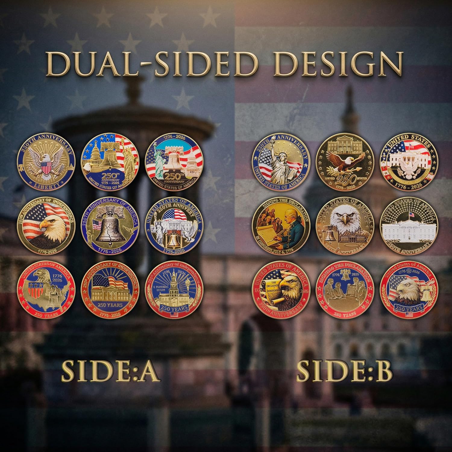 9PCS 250th Anniversary Coin Pack, Patriotic Eagle Metal Coins Set with Storage Case, Vintage Tribute Gift for Veterans Men Dad 2026