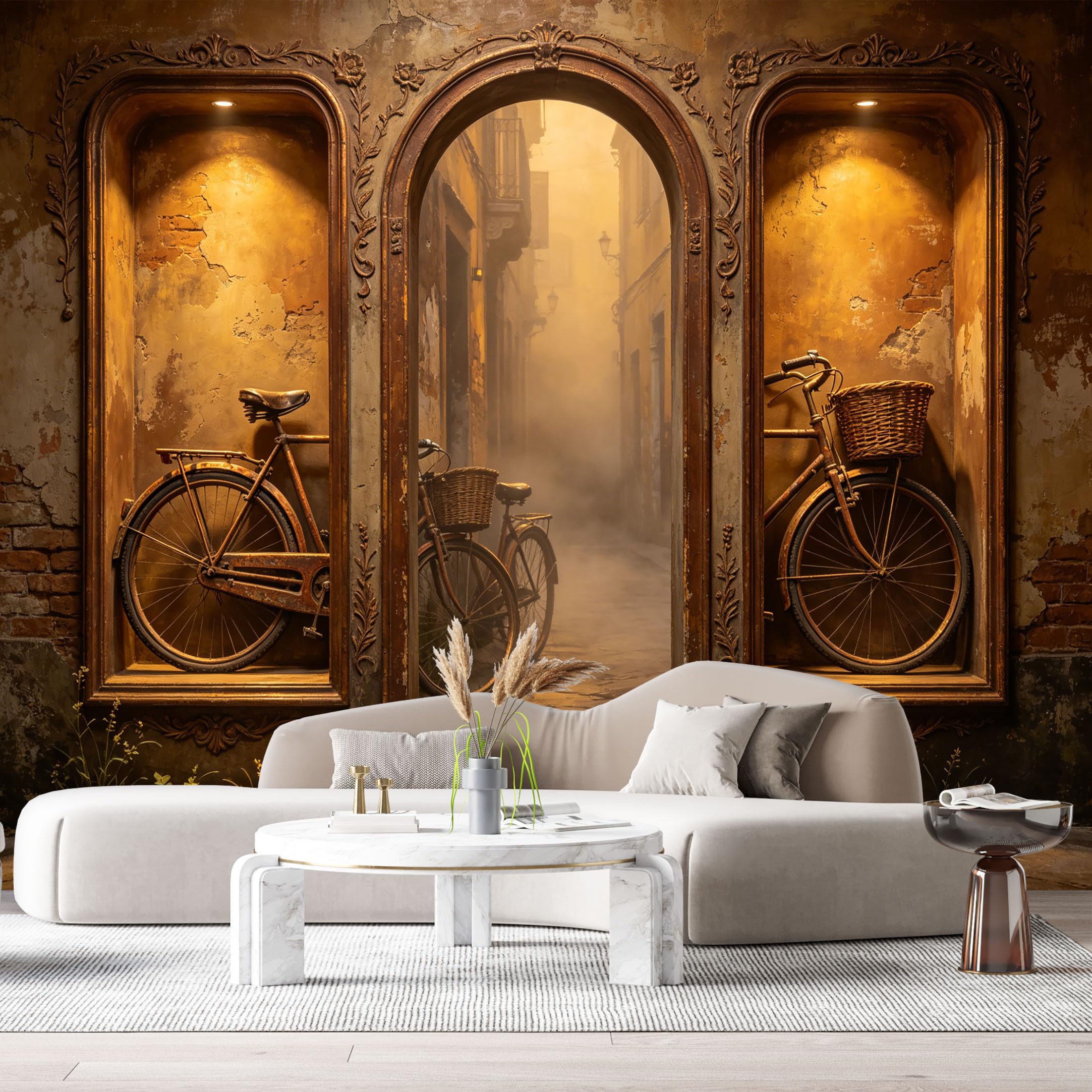 Custom Size Wall Murals Vintage Retro Alleyway Bicycles Arched Doorway 3D Trompe L'Oeil SelfAdhesiveWall Fabric Removable Wallpaper Wall Decor for Living Room Bedroom Bathroom