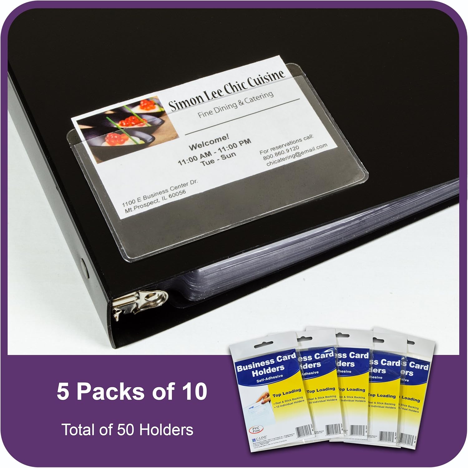 C-Line Self-Adhesive Business Card Holders, Top Loading, 2 x 3.5 Inches, Clear, 5-Packs (70257-5)