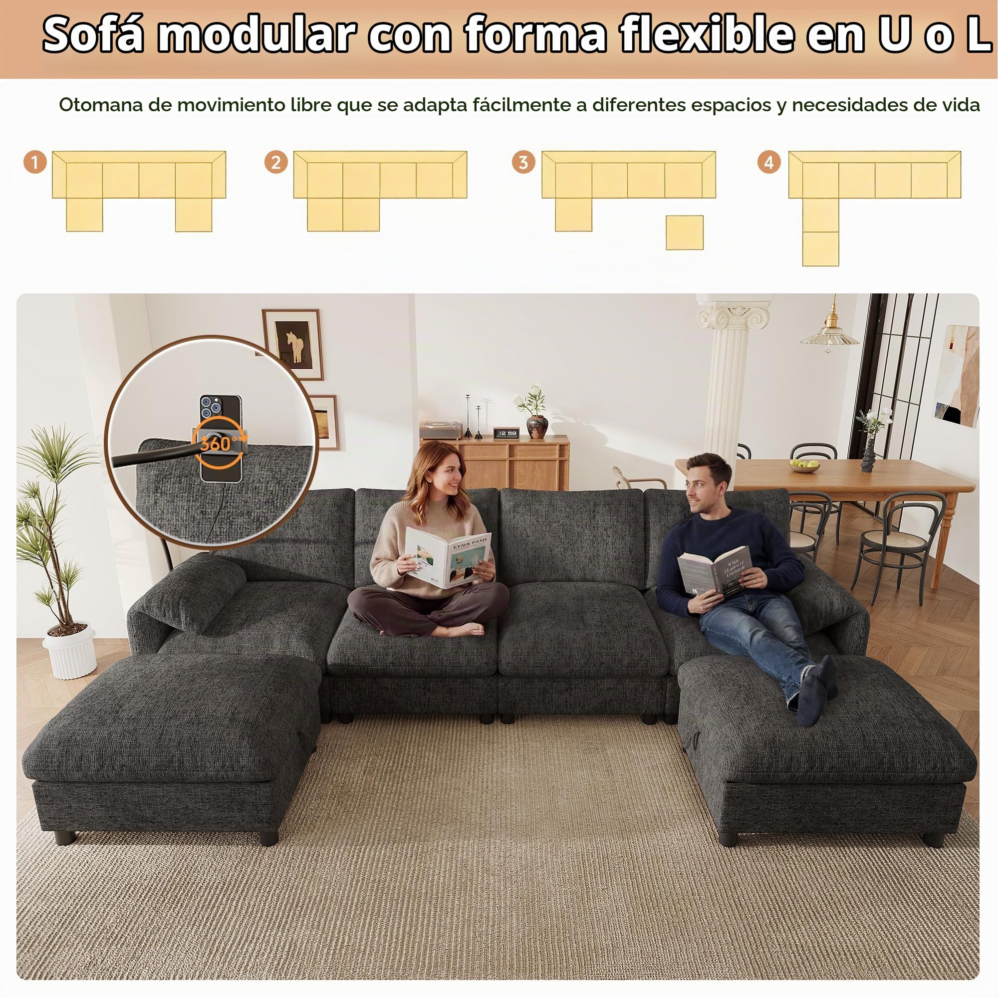 Sofá modular en forma de U/L de 6 plazas, dos otomanas de almacenamiento, puerto de carga USB tipo C, sofá esquinero con soporte para teléfono móvil y reposabrazos acolchados de tela de