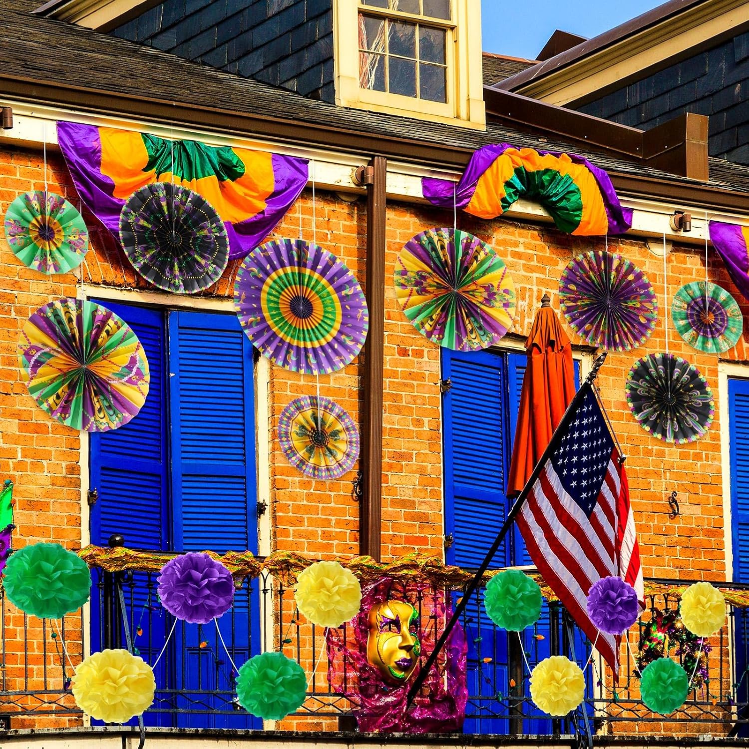 Outus 21 Pcs Mardi Gras Party Decorations Mardi Gras Hanging Paper Fans Themed Tissue Pom Poms Gold Purple Green Ceiling Wall Hanging Decor for Carnival Masquerade Party Supplies (Carnival)