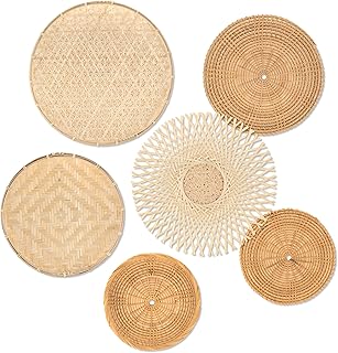 b.spoke Hanging Wall Basket Decor – Set of 6 Handmade Decorative Boho Woven Wall Baskets - Round Natural Bamboo, Wicker, R...