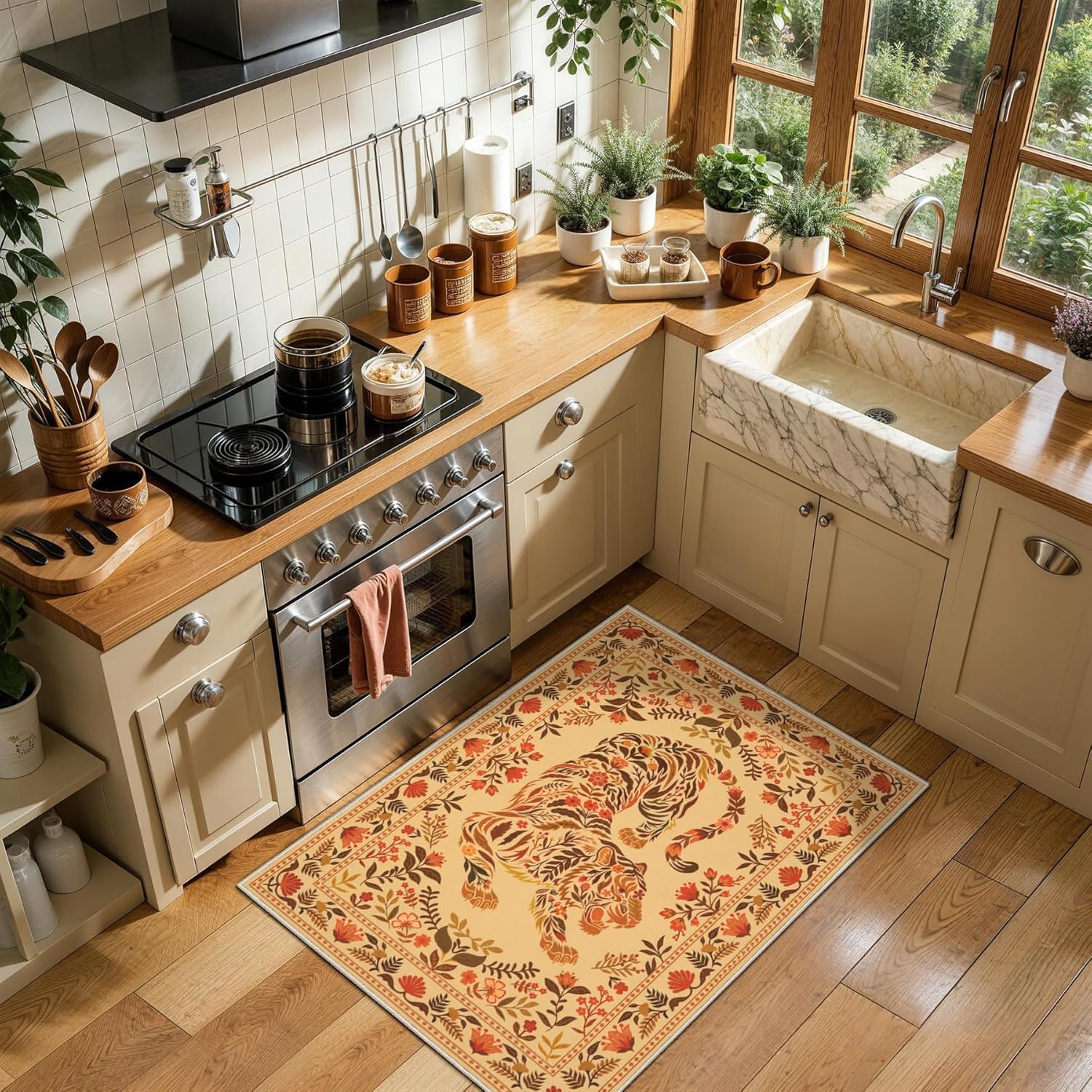 SERISSA 2x3 Small Tiger Rug for Entryway, Washable Non-Slip Botanical Floral Animal Indoor Doormat, Low Pile Boho Area Rug for Entrance Kitchen Bedroom Laundry Room, Camel