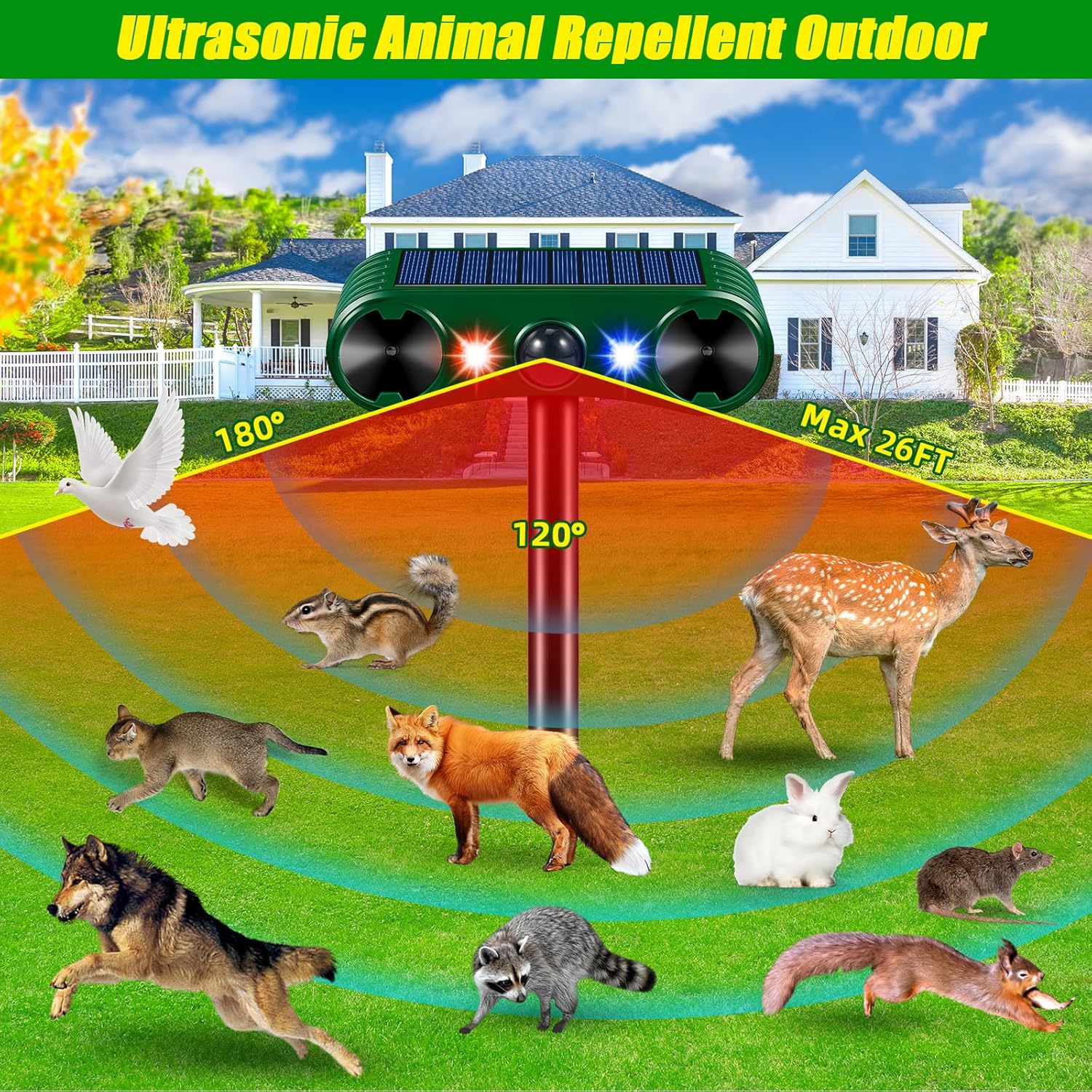 2025 Ultrasonic Animal Repeller Outdoor, 2 Pack Solar Animal Repellent with Motion Sensor & Flashing Light, Bird Deterrent, Cat,Squirrel,Deer,Dog,Raccoon,Rodent,Skunk,Rabbit Repellent for Yard Garden