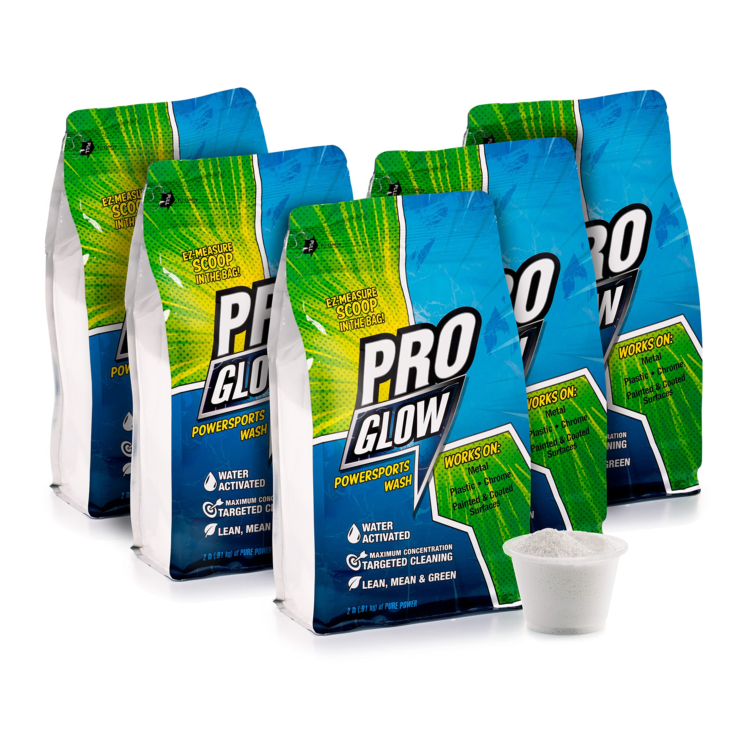 ProGlow Powersports Wash, 5-Pack, 2lb Resealable EZ Bag w/3 oz Scoop, Water-Based Environmentally Friendly, Removes Dirt Fast for Race Cars, UTV’s, ATV’s, Dirt Bikes & Trucks