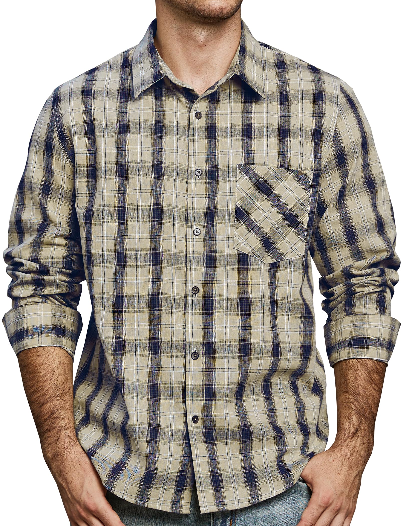 JOGAL Long Sleeve Shirts for Men Plaid Button Down Shirt Mens Casual Cotton Button Up Pocket Shirt