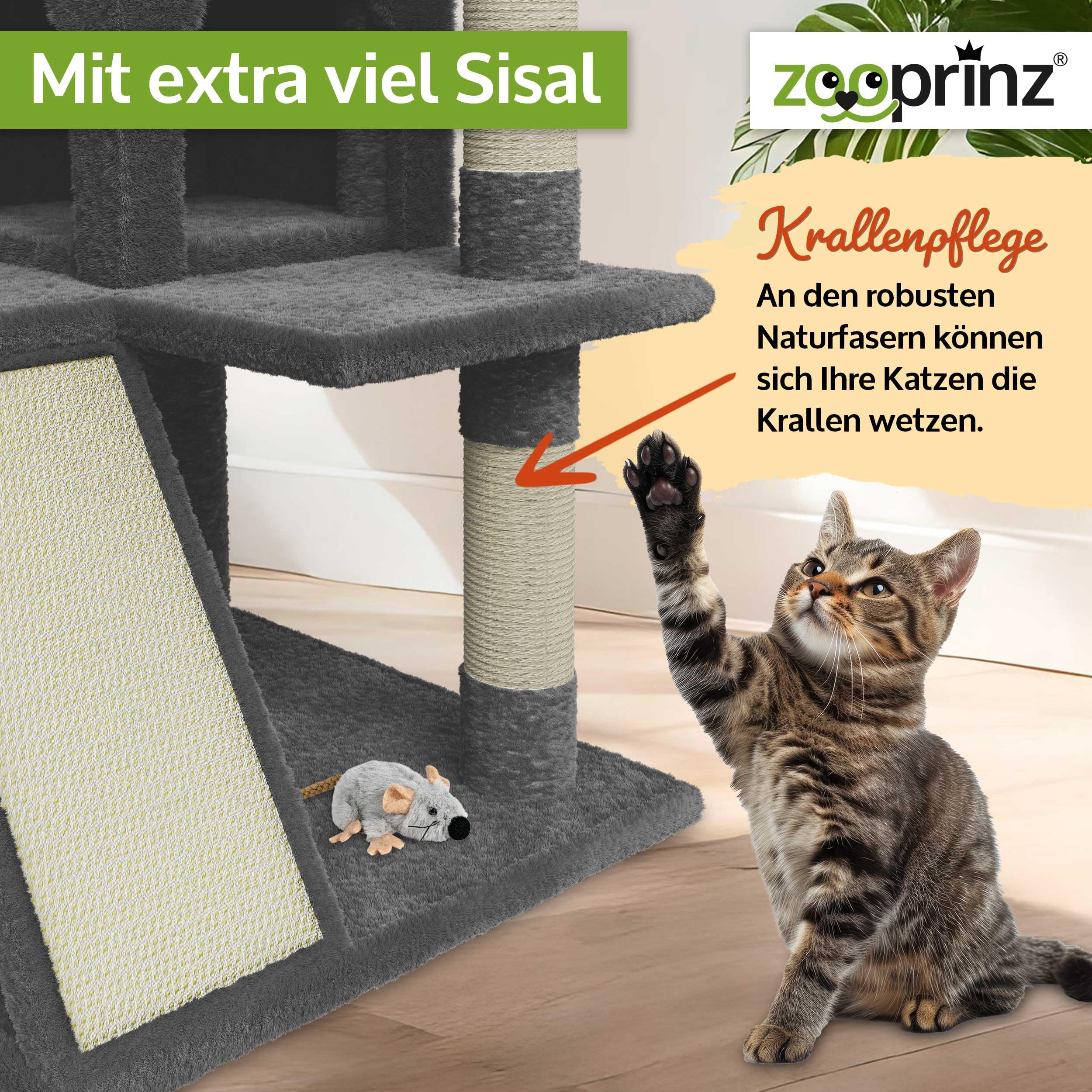 zooprinz Premium Kratzbaum XXL – Katzenbaum für große Katzen | Breiter Kletterturm mit dicken Sisal-Säulen, Höhle, Hängematte, Bällen, Seil und Plüschmaus, Dunkelgrau