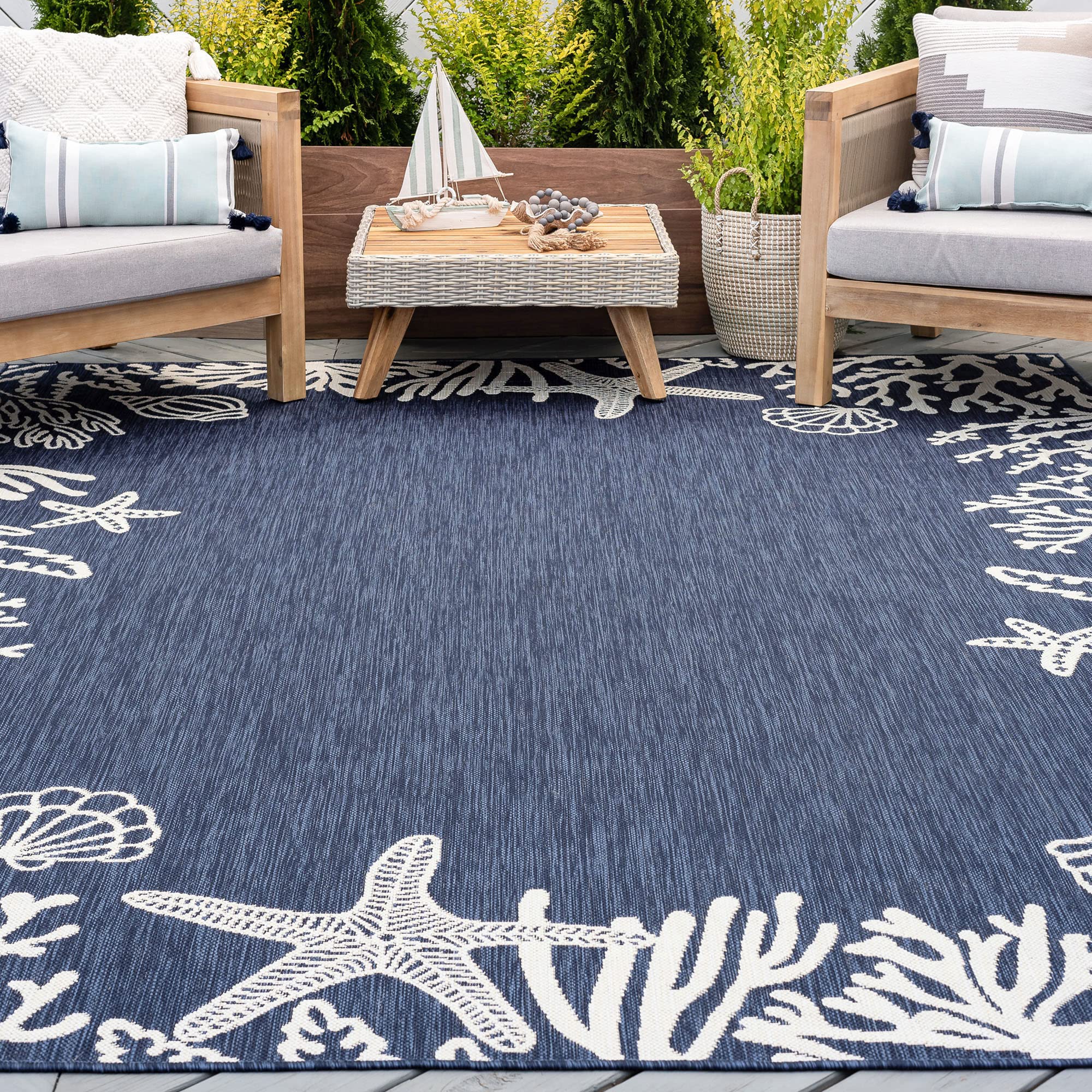 Tayse Navy Water Resistant Jute Indoor Outdoor Rug 5x7 for Patio - Garden Deck Entry Porch Entryway Outside Waterproof Outdoor Carpet Clearance, Camping Area Alfombras para Exteriores