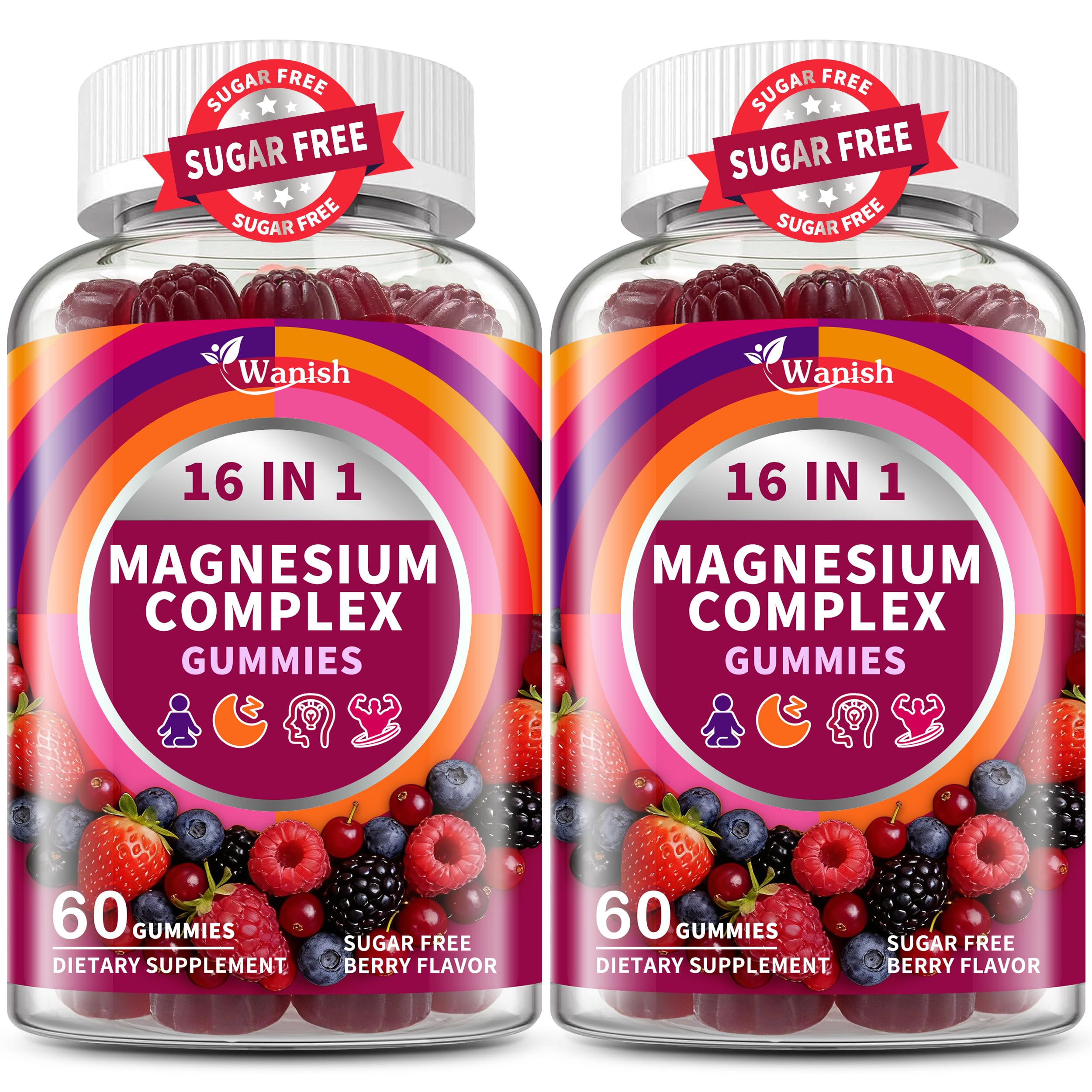 2 Packs-Magnesium Complex Gummies for Women Men, 16-in-1 Deep Calm Magnesium Gummy with bisglycinate Citrate Malate Taurate - Ashwagandha, L-Theanine Support Relaxation, Sleep, Muscle&Heart, Berry