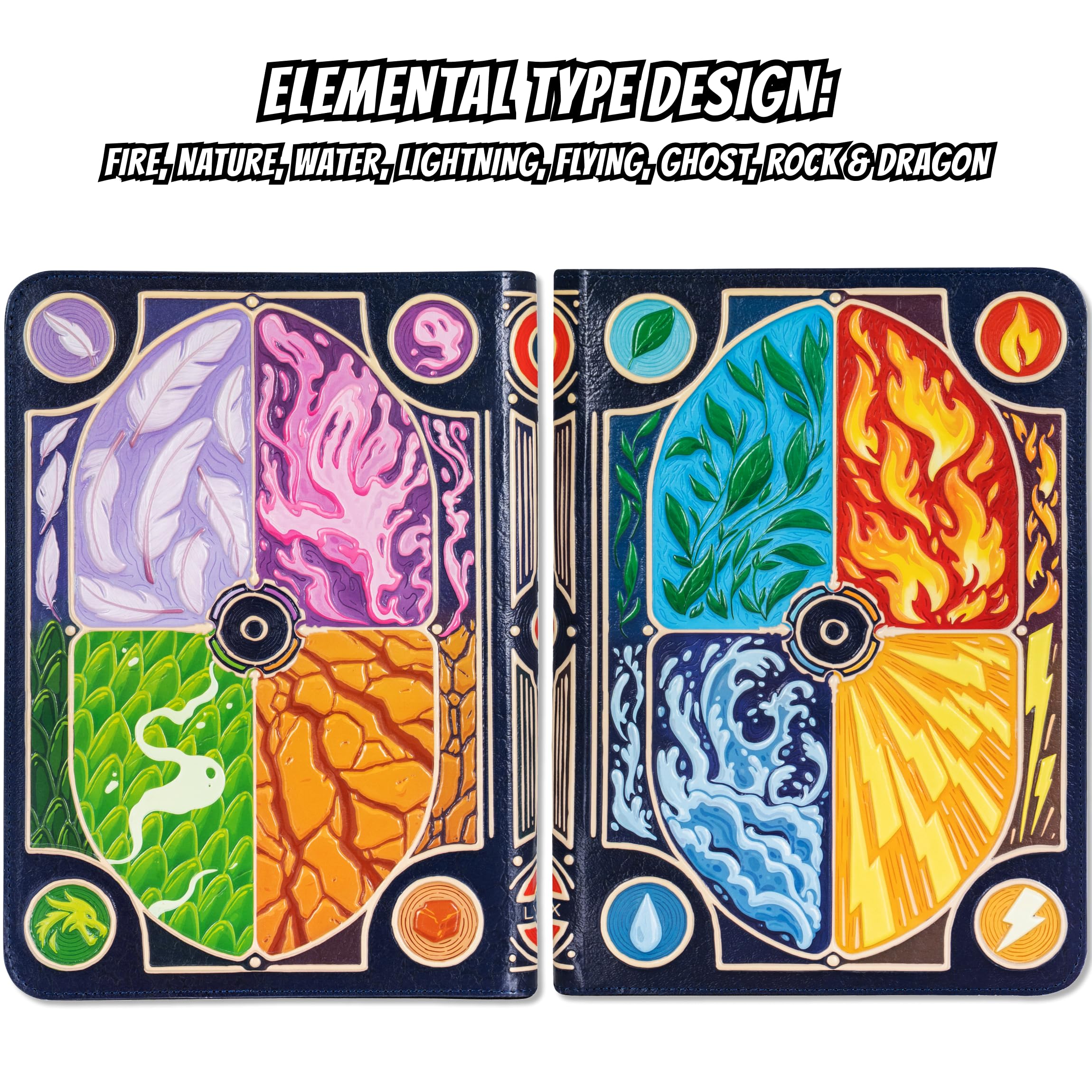 Raccoglitore Carte 3D per Pokemon - Design Elementare 3D in Rilievo in Pelle PU con Cerniera - Album Carte con 9 Pasche per 360 carte. Porta Carte Contenitore/Card Binder