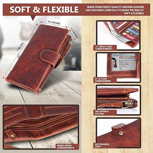 Miniatura 4 de VALENCHI - Cartera de cuero genuino suave y flexible para mujer con cremallera de metal y cierre a presión, coñac, (Cognac Vintage), Vintage