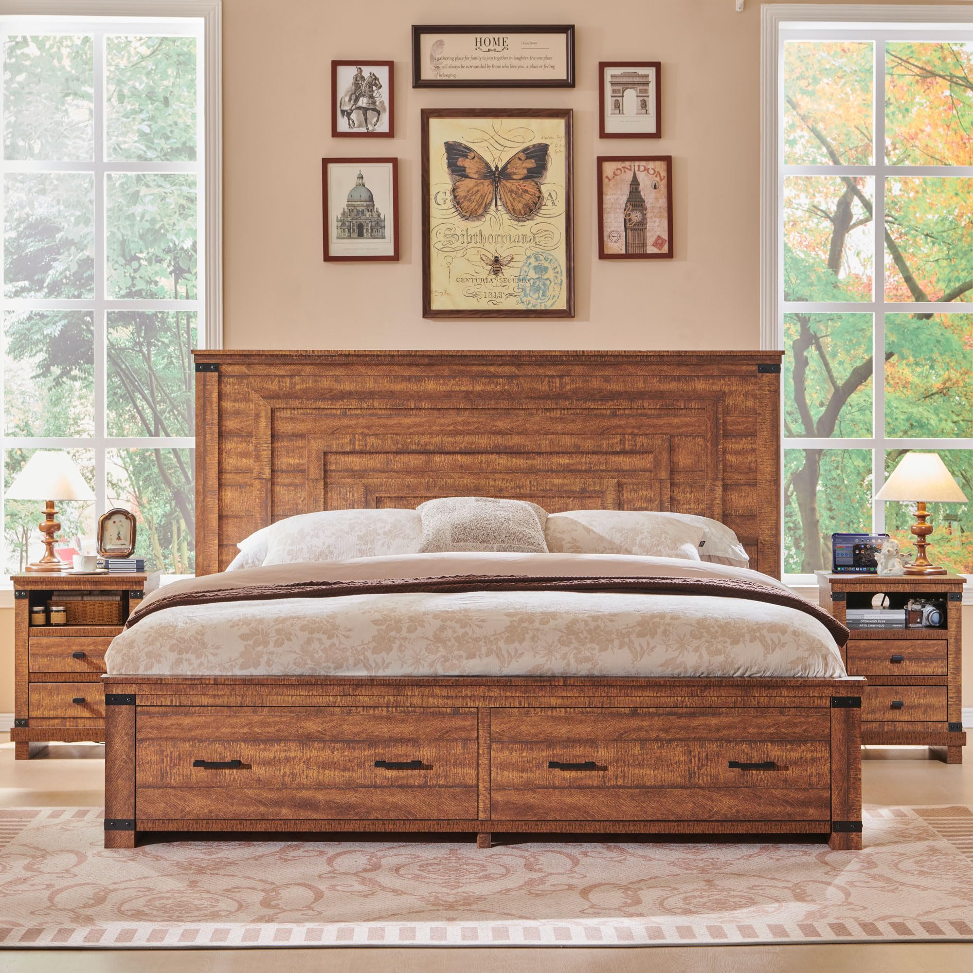 RedLemon Farmhouse Queen Size Wood Bed Frame with 54" Tall Geometric Headboard, 2 Large Storage Drawers, Solid Wood Slats Support, Noise Free, No Box Spring Needed, Reclaimed Barnwood