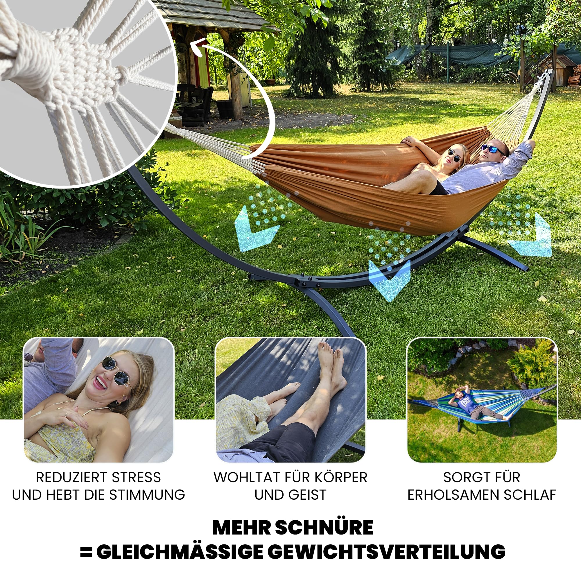Potenza Outdoor Hängematte mit Gestell für 2 Personen I Baumwolle Doppelhängematte XXL 220x160, 200kg I Hängemattengestell 220kg, wetterfest (Grau, Basic Gestell Graphit)