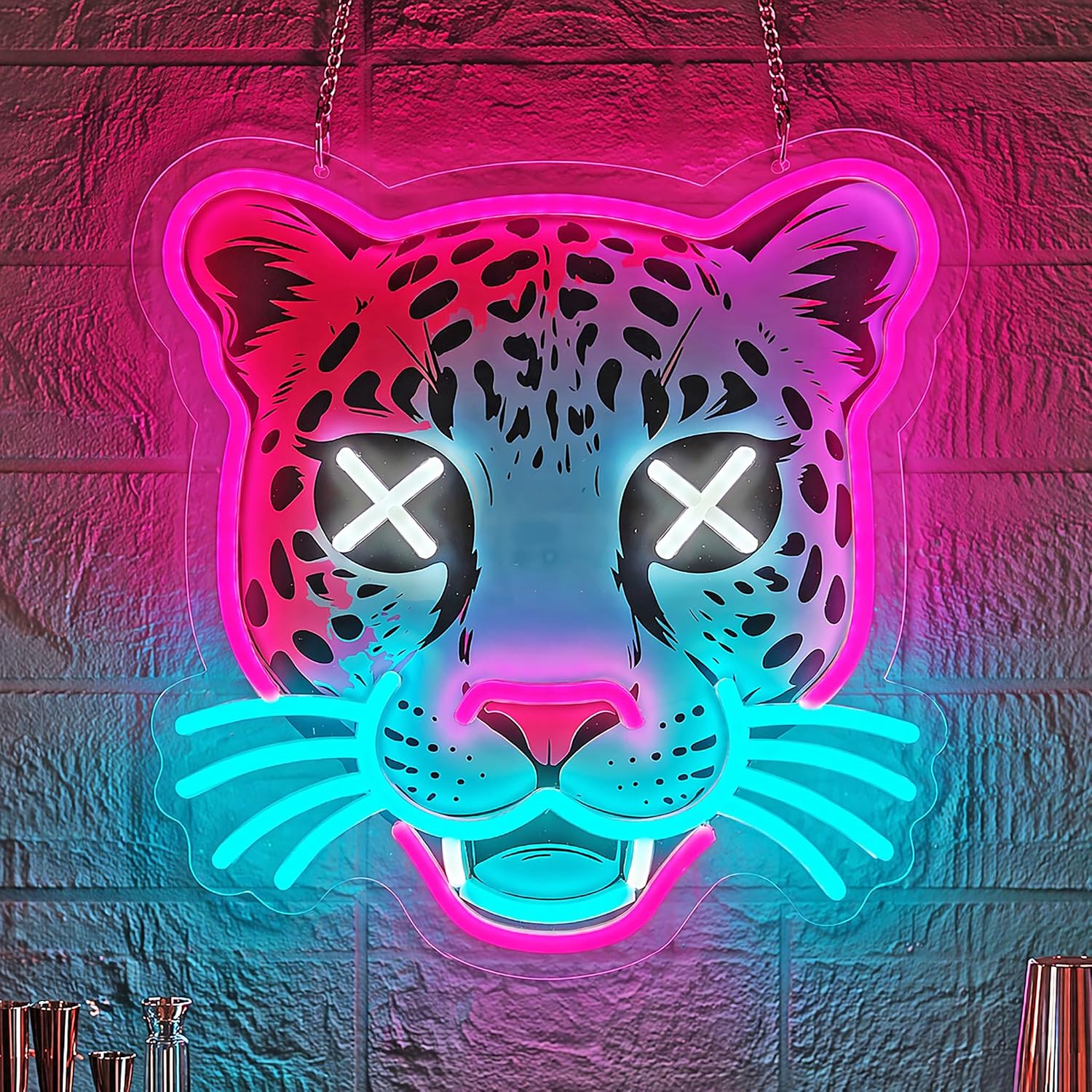 Leopard Neon Sign, Pink & Ice Blue LED Light for Wall Decor | USB Powered 5V Neon Sign with 6.5FT Cable, Cool Animal Neon Lights for Bedroom, Game Room, Bar, Party, Gifts for Teens