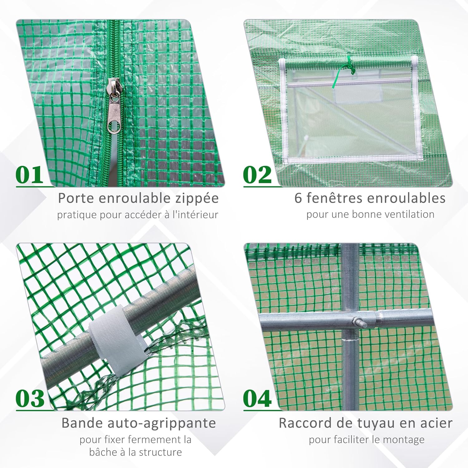 Close-up images of greenhouse details: zippered door, roll-up window, hook-and-loop fastener, and steel pipe connection.