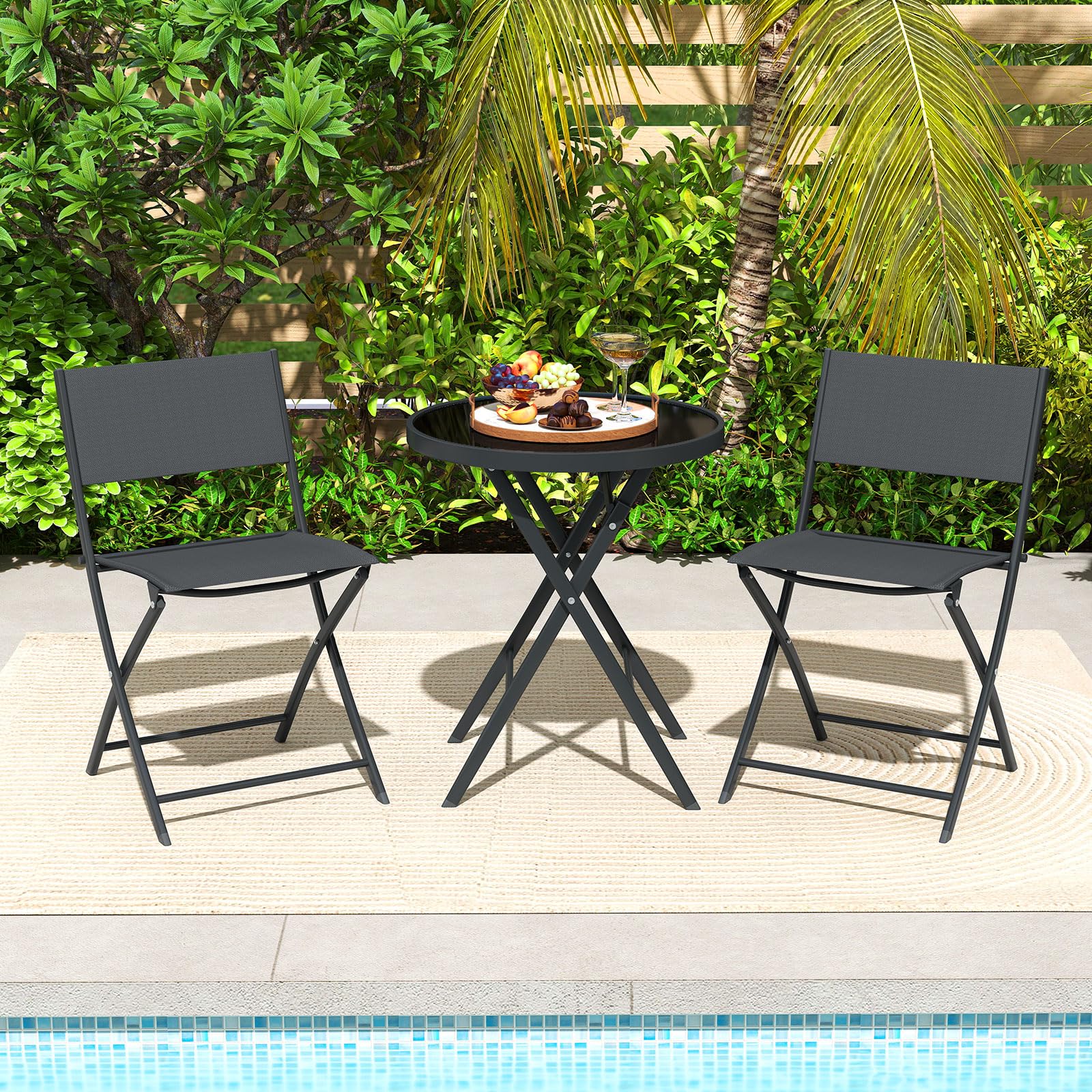 COSTWAY Set Tavolino e Sedie da Giardino Pieghevole, Set Bistro 3 Pezzi, Tavolino con Piano in Vetro Temperato e Metallo, Sedie con Tessuto Textilene Impermeabile, per Balcone, Patio, Piscina