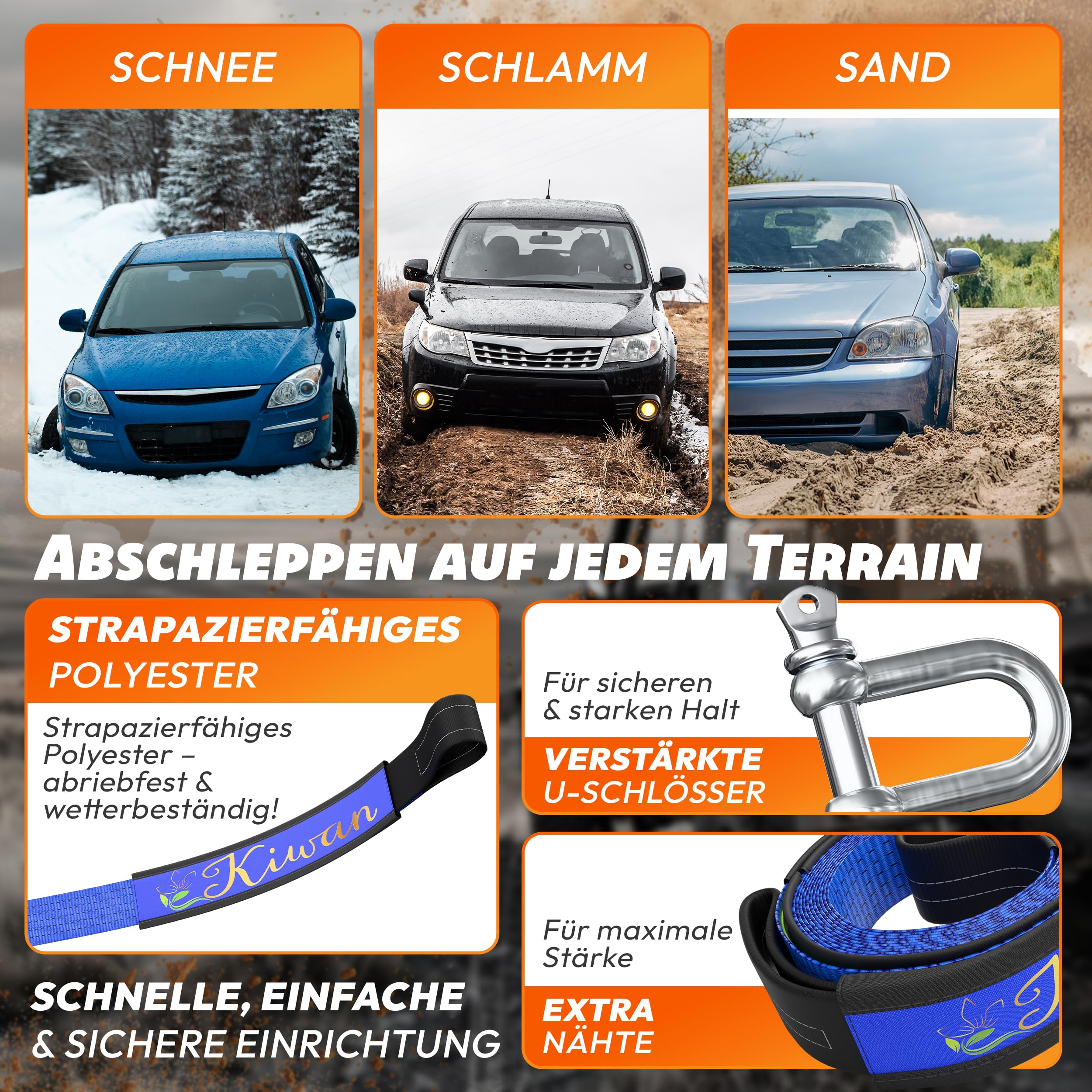 Fune Da Traino Offroad 10 Tonnellate 5 M X 5 Cm, Con Grilli, Guanti E Striscia Segnalante, In Poliestere Blu, Set Completo 6-in-1 Per Auto E Camper