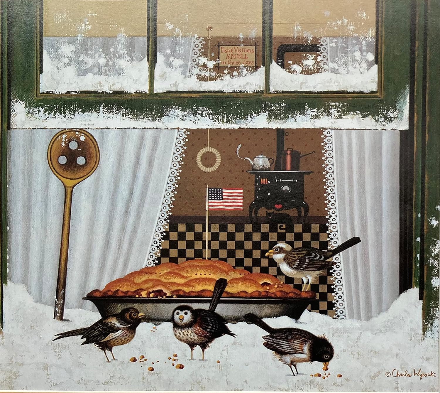 Charles Wysocki Bird Pie New CUSTOM FRAMED Art Americana Winter Rural