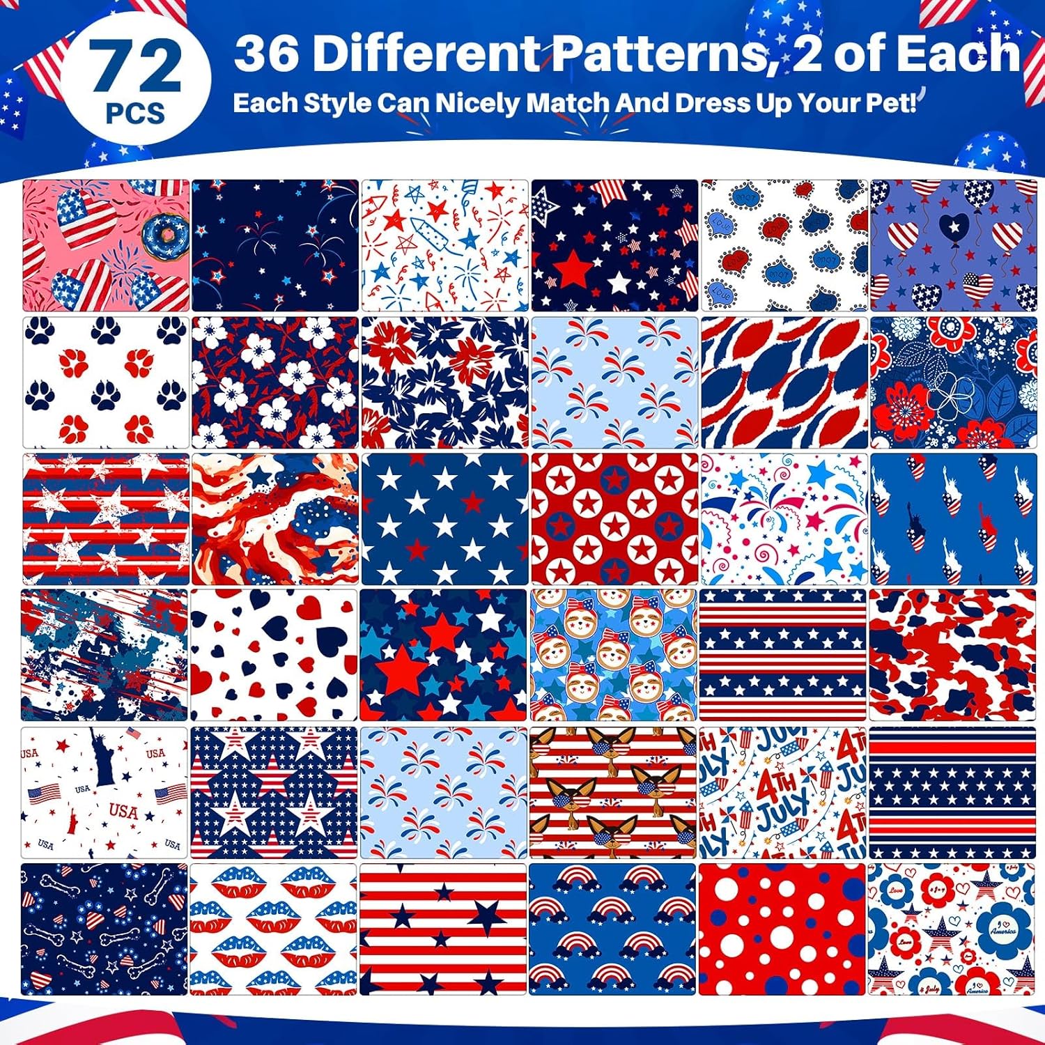 72 Pcs 4th of July Dog Bandanas Patriotic Dog Bandana Bulk Adjustable Washable Pet Triangle Scarf Soft Kerchief Bib for Independence Day Holiday Pet Costume Accessories