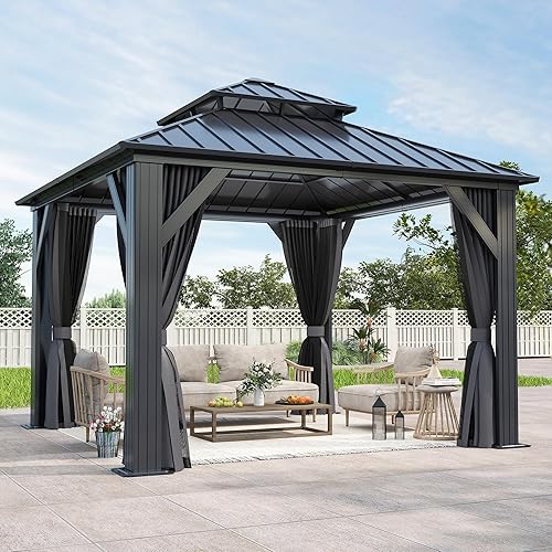 GARTOO 10'x10' Outdoor Hardtop Gazebo with Double Roof - Heavy-Duty Steel Top Aluminum Frame Gazebo with Breathable Netting & Privacy Curtain for Patio, Porch, Garden, Lawn, Deck, Backyard