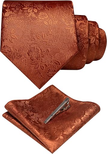 JEMYGINS Floral Necktie and Pocket Square Tie Clip Sets for Men