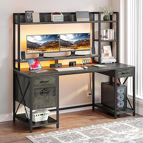 DWVO Escritorio para computadora con cajones y gabinete, escritorio de oficina de 59.1 pulgadas con tomas de corriente y luces LED, escritorio de