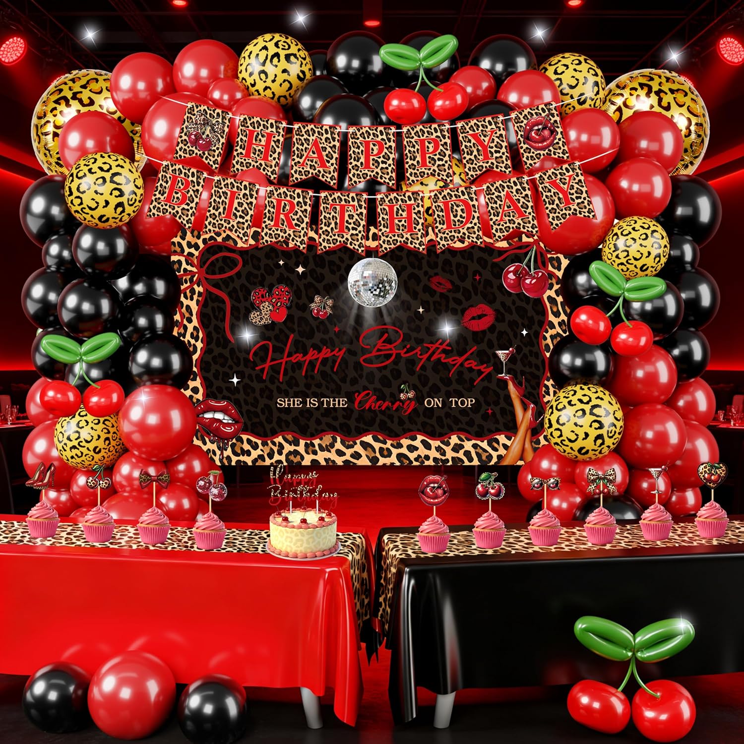 Cheetah Print Birthday Decorations, 124 Pcs Leopard Birthday Decorations Includes Cheetah and Cherry Print Balloons, Banner and Tablecloth, Red and Black Party Decorations Supplies for Women Party