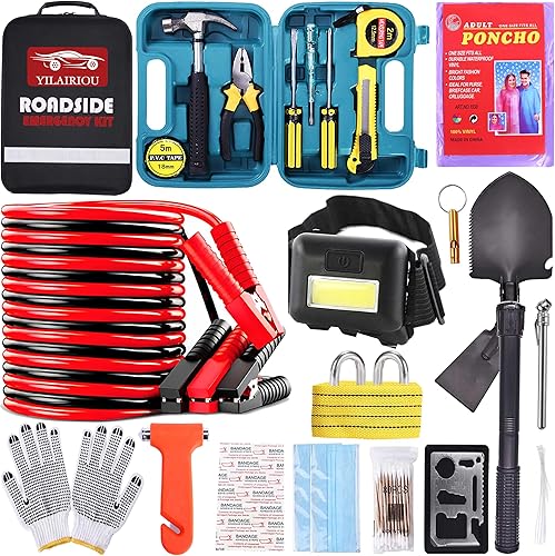Vista 8 de Car Roadside Emergency Kit, with Jumper Cables Automotive Kit,Car Safety Roadside Assistance Kit Headlamp,Tow Straps, Safety Hammers, Rainwear