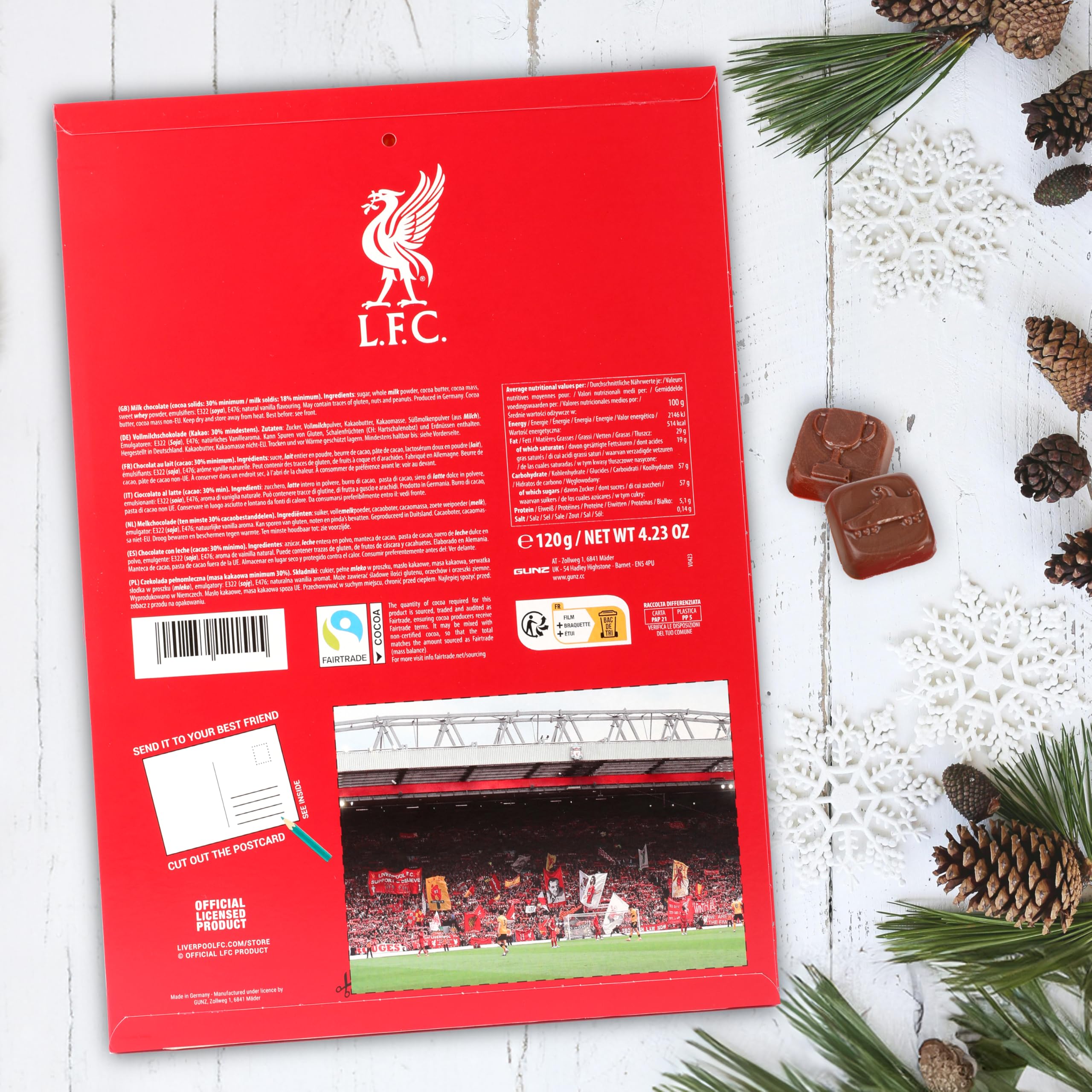 Gunz Liverpool FC Calendrier de l'Avent au motif de football Fairtrade Chocolat – Calendrier de Noël avec 24 surprises au chocolat (120 g) + carte postale à l'arrière – Cadeau de l'Avent pour les