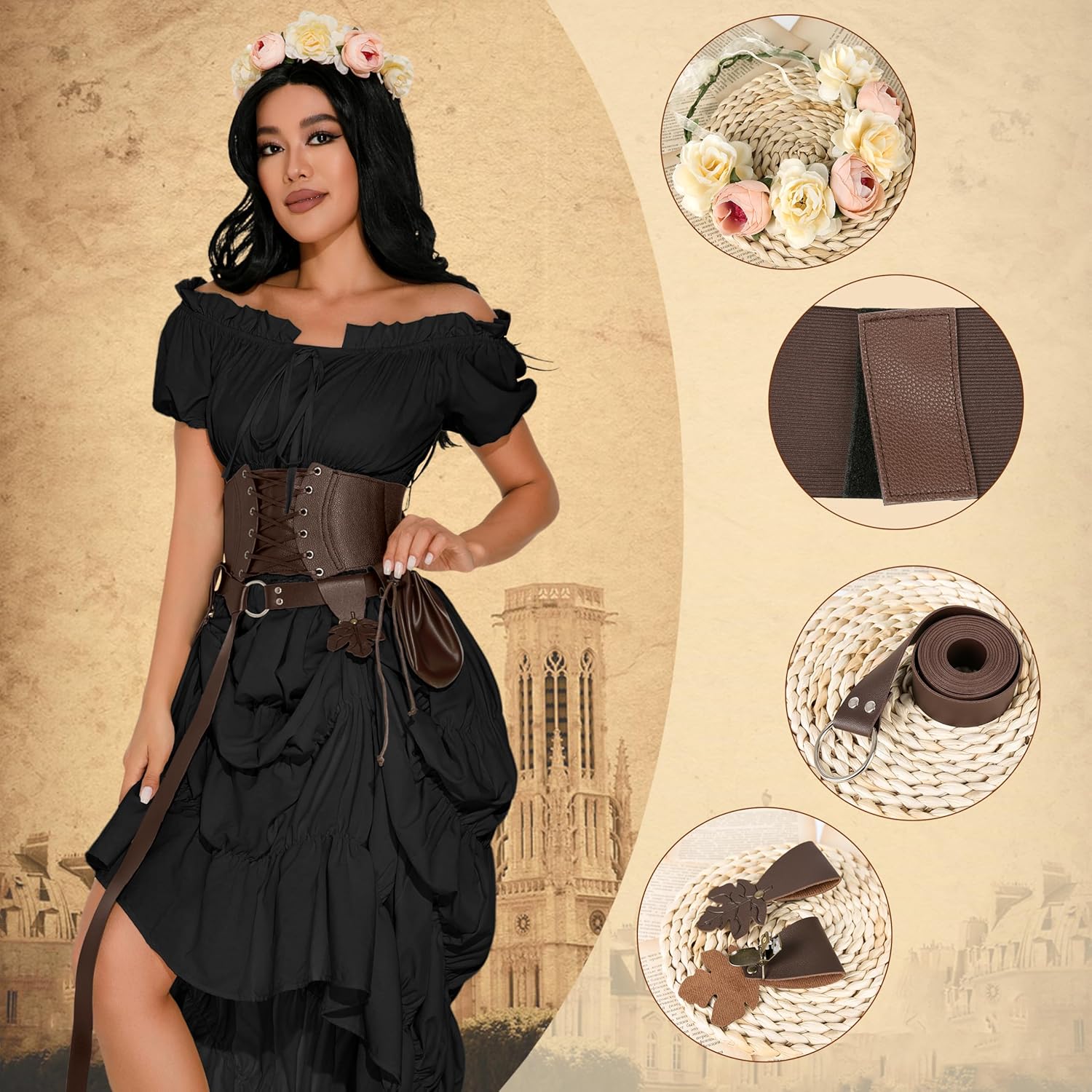 GERVAISE Womens Renaissance Costume Medieval Fairy Dress Victorian Irish Outfits 7pcs - Image 2