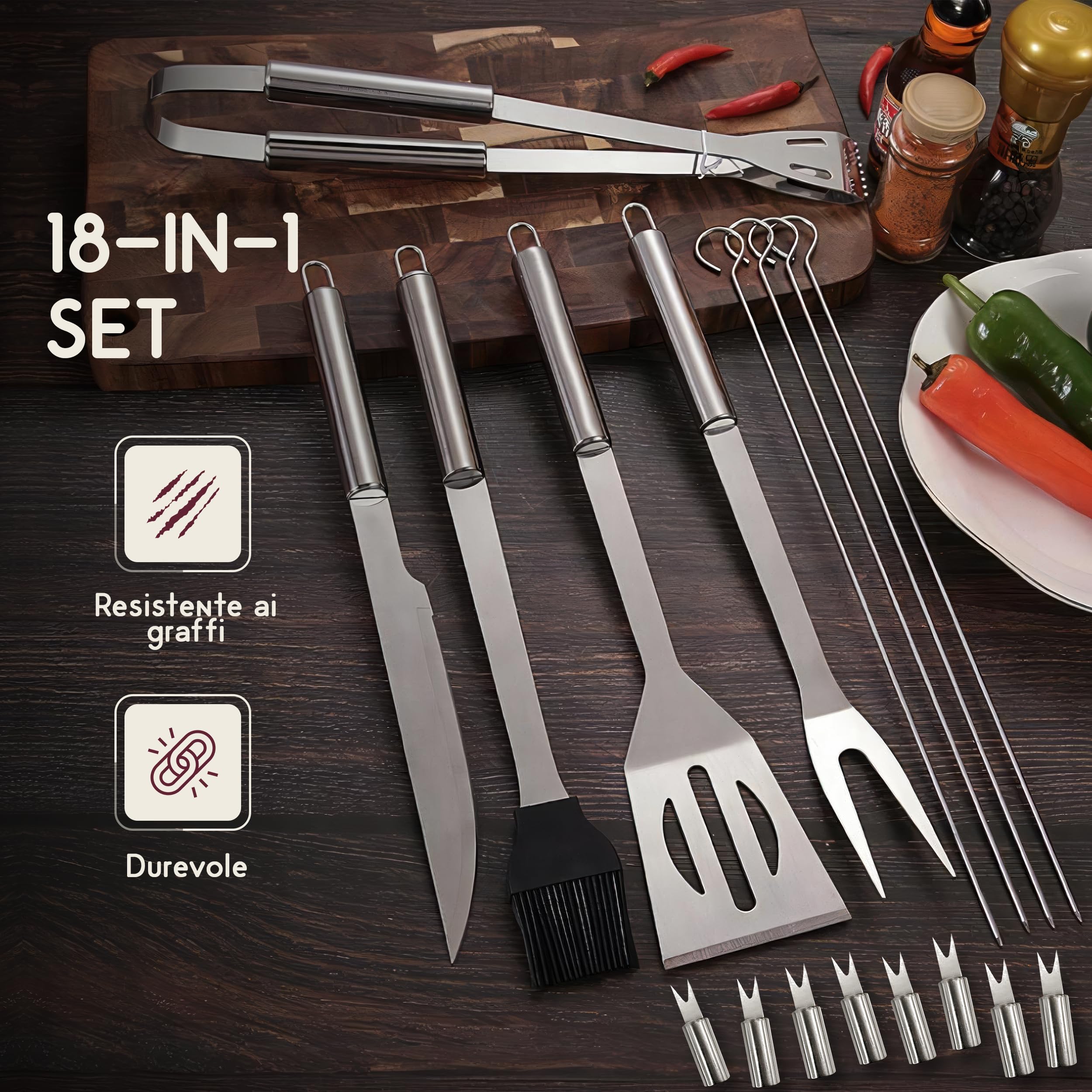 Set Barbecue in Acciaio Inox, Accessori Barbecue 18 Pezzi, Kit Barbecue con Custodia, Utensili Griglia per Barbecue, Idee Regalo Uomo, Perfetto per BBQ e Griglia Barbecue in Muratura