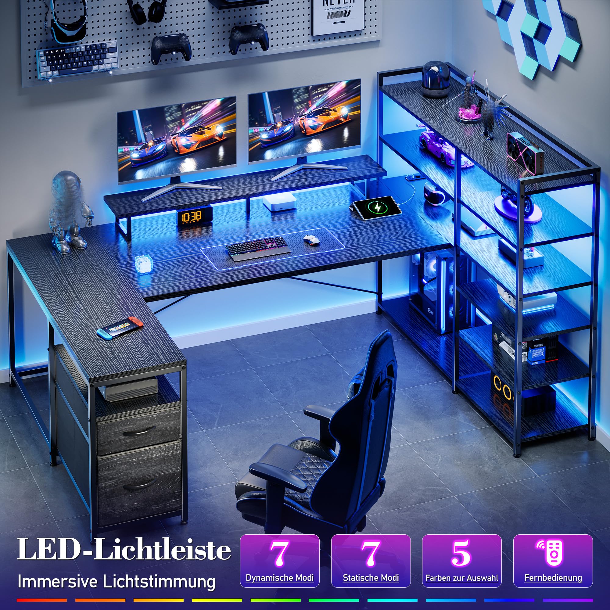 160 × 100cm Eckschreibtisch mit Stauraum und LED | U Form Gaming Tisch mit 2 Schubladen, 6 Regal, Monitorhalterung, Steckdosen, Reversibel, für Homeoffice, Gaming, Schwarz