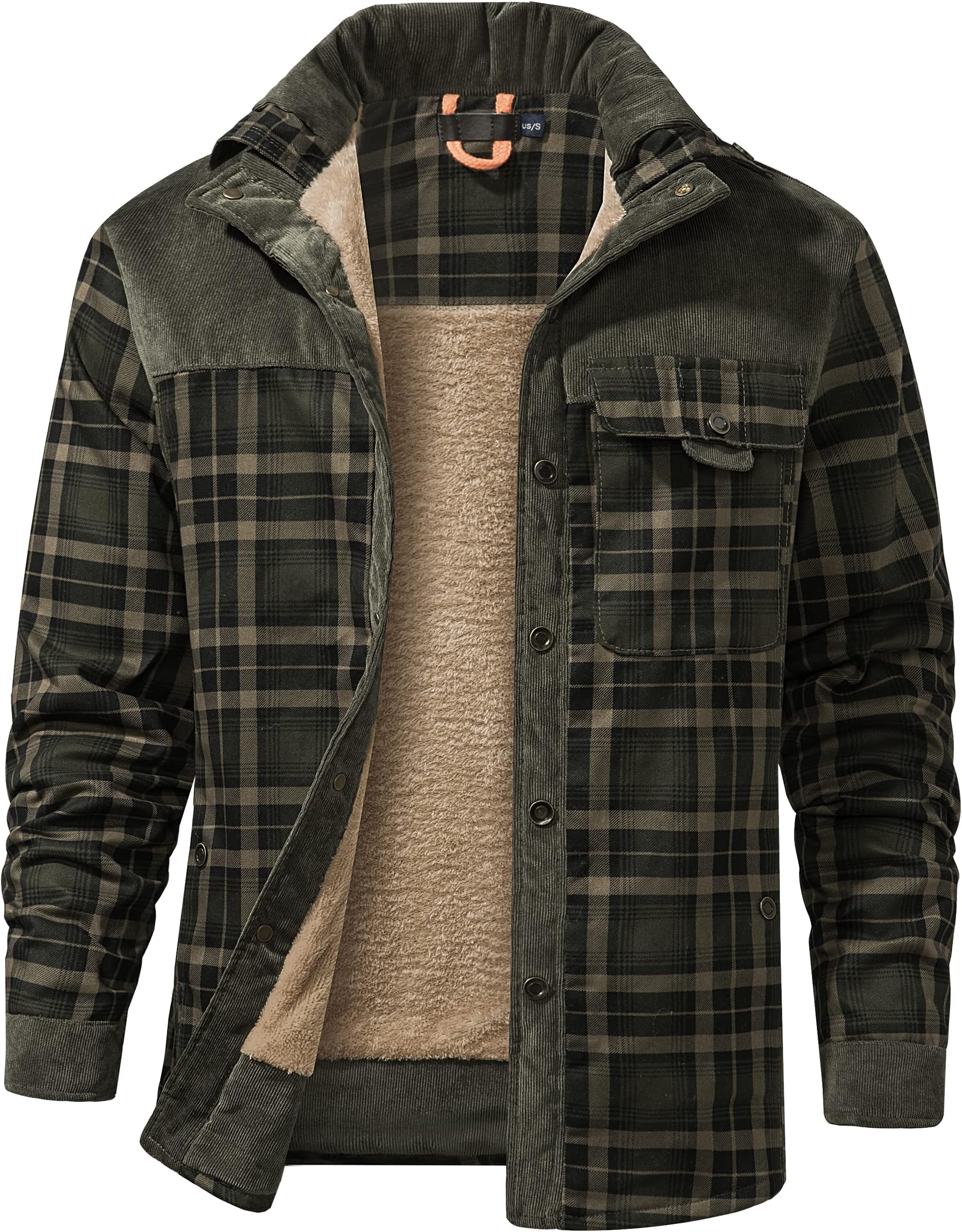 Men's Sherpa Lined Plaid Flannel Shirt Jacket Snap Button Warm Winter Jacket with Pockets