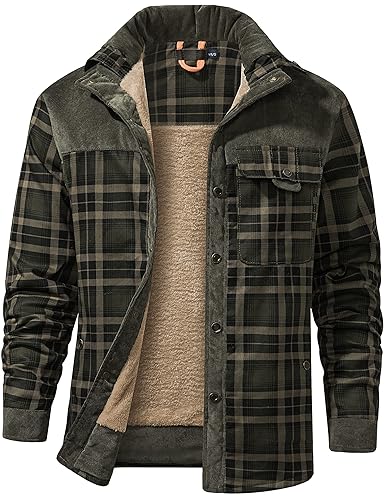 Flygo Men's Sherpa Lined Plaid Flannel Shirt Jacket Snap Button