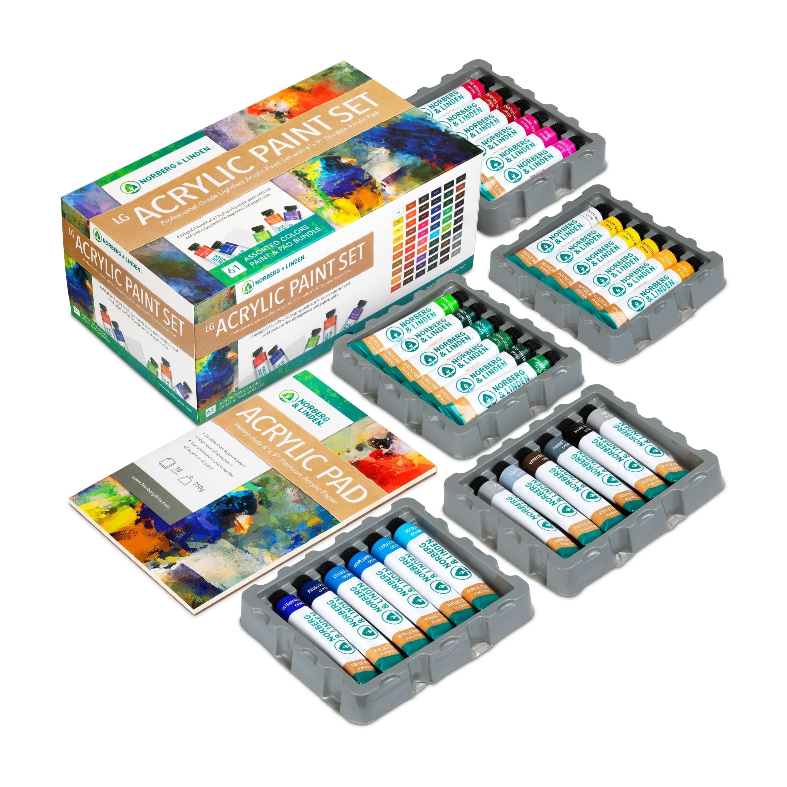 Norberg & Linden LG61 Set de Pinturas Acrílicas - 60 Tubos de Colores para Pintar Lienzos con un Bloc de 10 Páginas para Pintura Acrílica - para Artistas Principiantes - Calidad Profesional