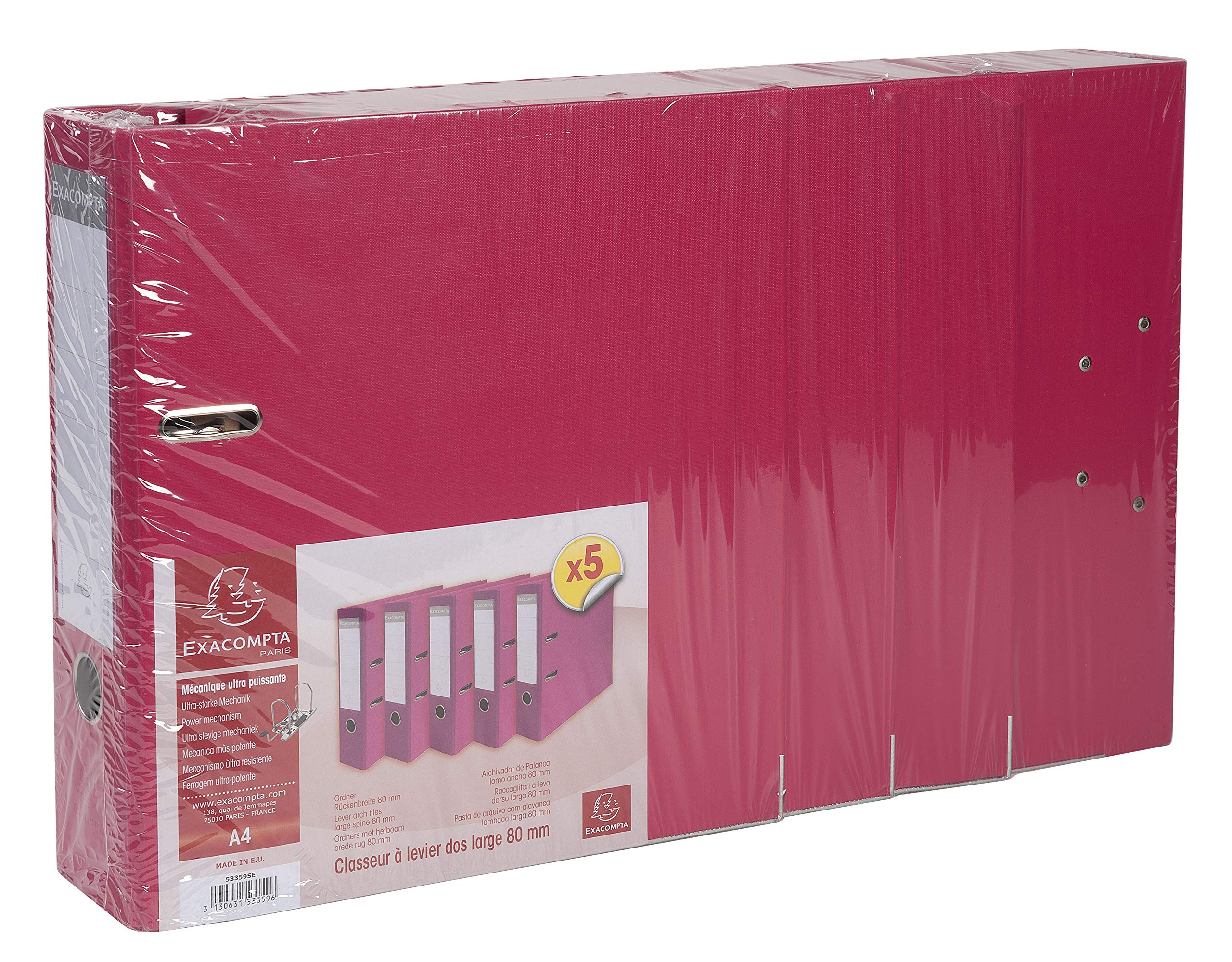 Exacompta - Rif. 53359SE - Raccoglitore meccanico Prem'Touch a leva - Adatto per documenti A4, dorso 80 mm, cartone rivestito in polipropilene - lampone (confezione da 5)