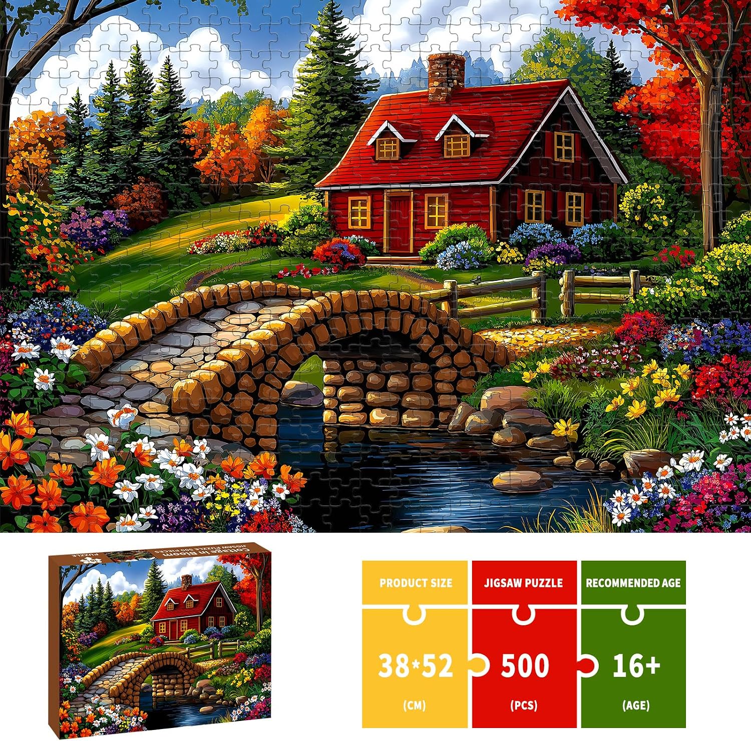 Puzzles for Adults 500 Pieces, Nature Landscape Jigsaw Puzzles - Cottage in Bloom, Impossible Nature Landscape Puzzle for Seniors Families, 20.47x14.96 Inches, 1:1 Poster, Letter On The Back