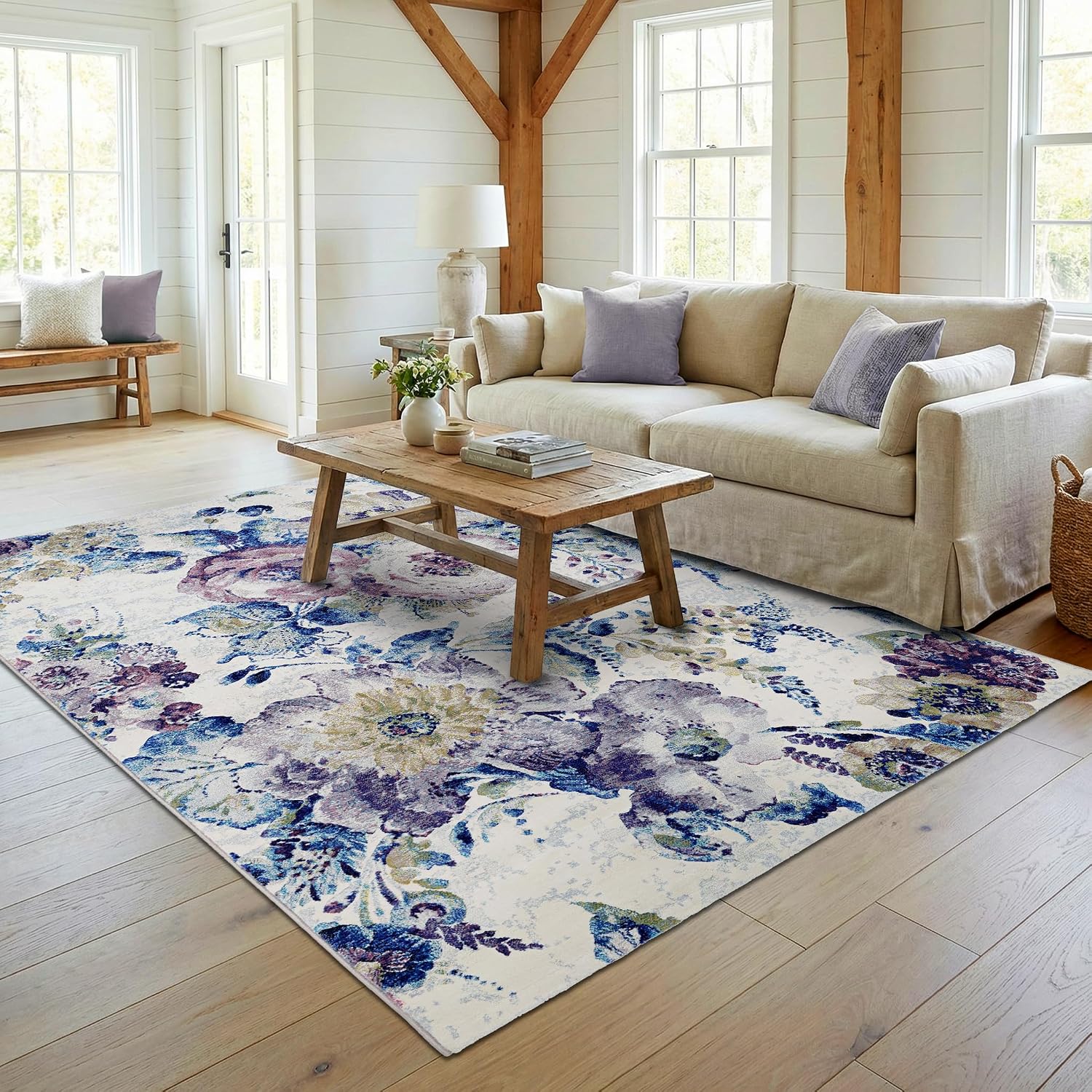 Couristan Easton Floral Indoor Rug - 5'3" x 7'6" Blue and Purple Vintage Botanical Flower Rug for Living Room, Bedroom, Dining Room, Ivory Watercolor Home Decor
