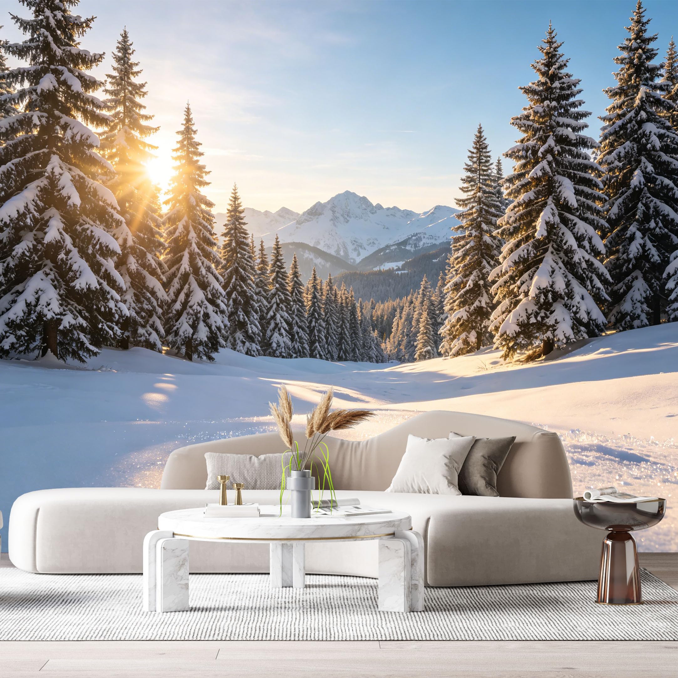 Custom Size Wall Murals Winter Forest Landscape Sunrise Snowy Mountains Pine Trees SelfAdhesive Wall Fabric Removable Large Wallpaper for Photo Living Room