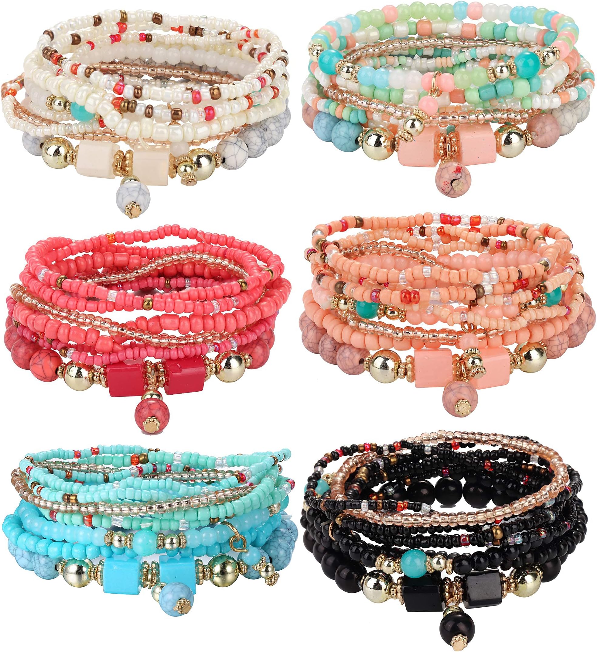 UdalynUdalyn 6 Sets Bohemian Stackable Bead Bracelets for Women Men Multilayered Bracelet Set Pendant Charm Stretch Bangles