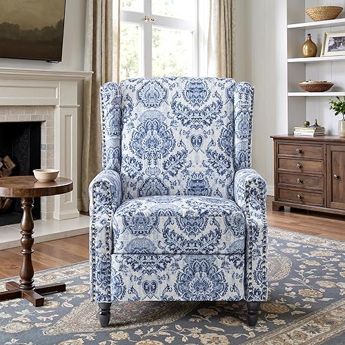 Miniatura 8 de Silla reclinable, sillón tapizado con respaldo floral con respaldo ajustable y reposapiés, cómoda silla decorativa para lectura, sofá individual