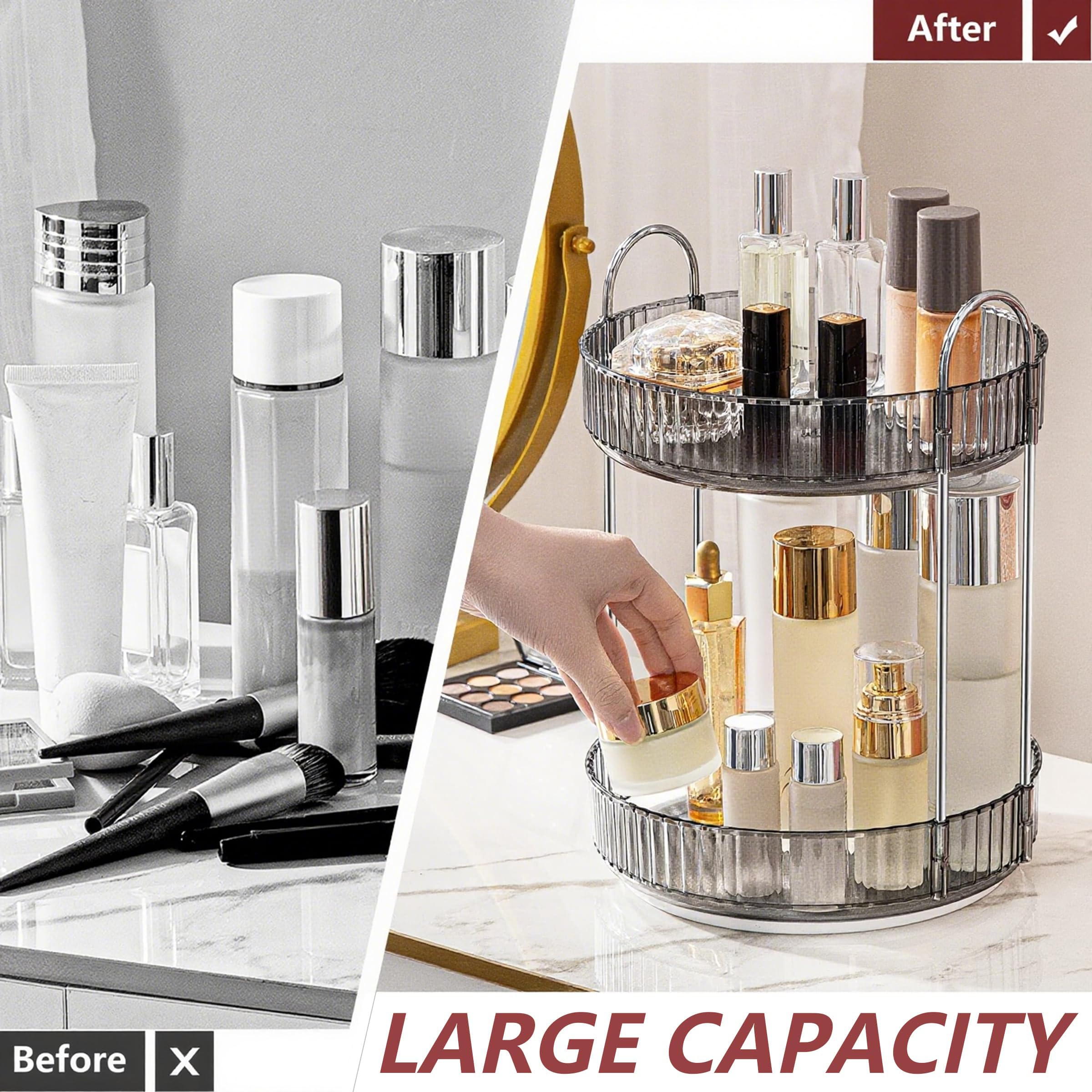 INVSSENE Organizer per trucchi rotante a 360°, porta trucchi da bagno, grande capacità, ripiano per cosmetici, profumi, cura della pelle, rossetti (2 ripiani, grigio)