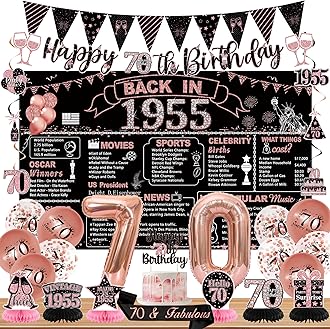 DARUNAXY 70th Birthday Party Decorations for Women, Rose Gold Back in 1955 Banner, Rose Gold 70 Number Balloons & Cake Topper, Vintage 1955 70 Birthday Honeycomb Hanging Swirl Confetti Balloons(28PC)