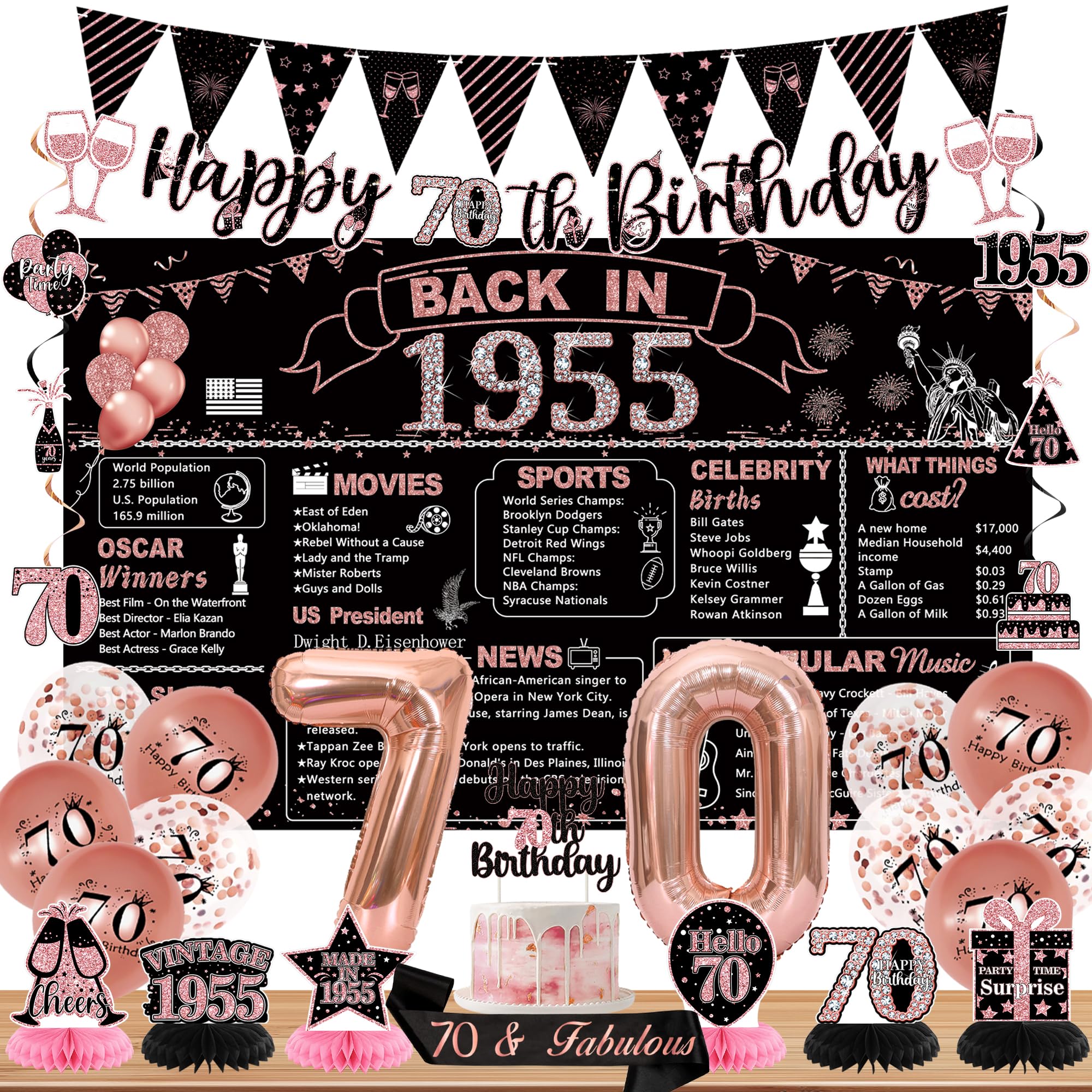 DARUNAXY 70th Birthday Party Decorations for Women, Rose Gold Back in 1955 Banner, Rose Gold 70 Number Balloons & Cake Topper, Vintage 1955 70 Birthday Honeycomb Hanging Swirl Confetti Balloons(28PC)