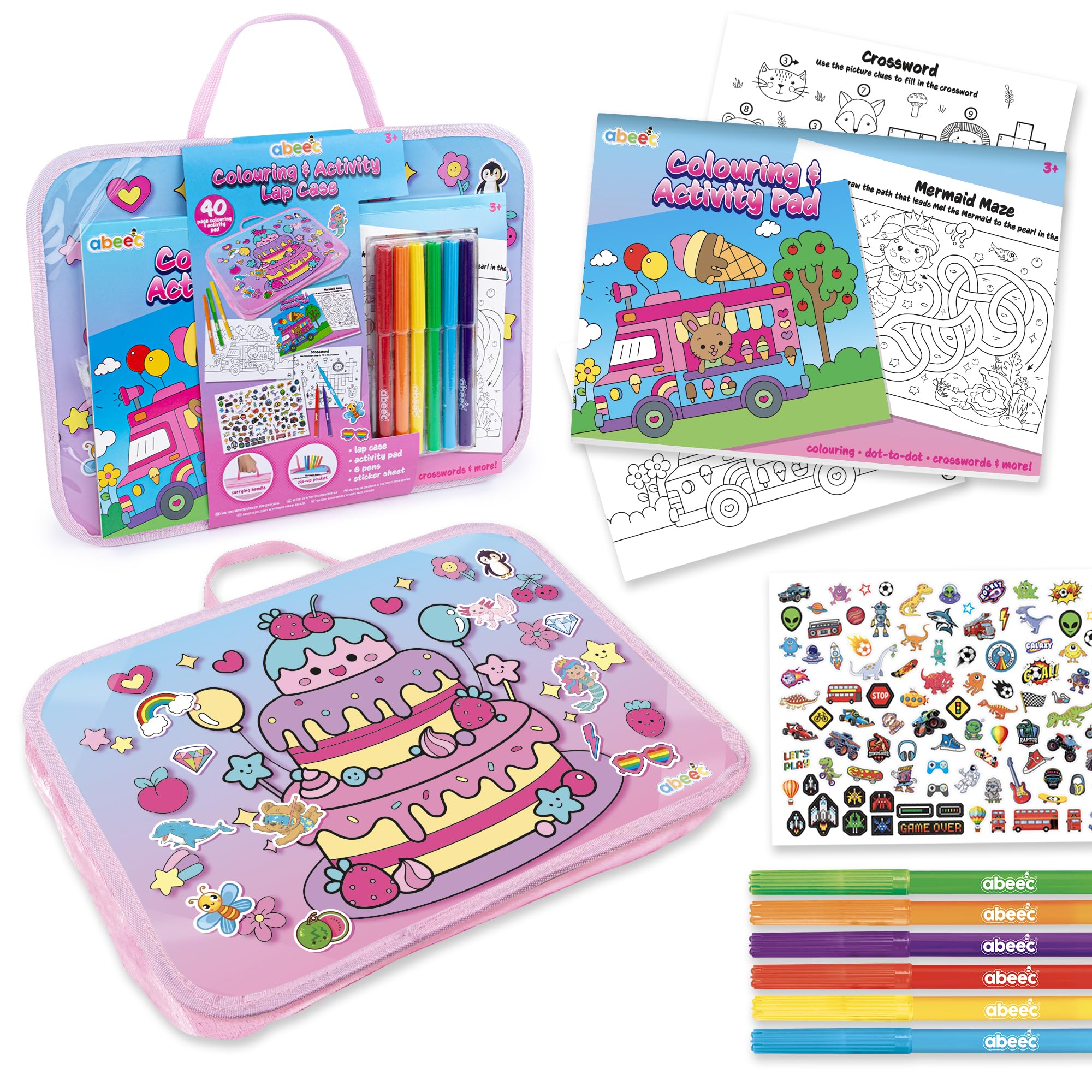 abeec Colouring & Activity Lap Case Pink | Portable Travel Art Set for Girls | 40 Page Colouring Pad, 6 Felt Tip Pens, Over 100 Stickers | Fun Lap Tray for Holidays, Homework & Road Trips