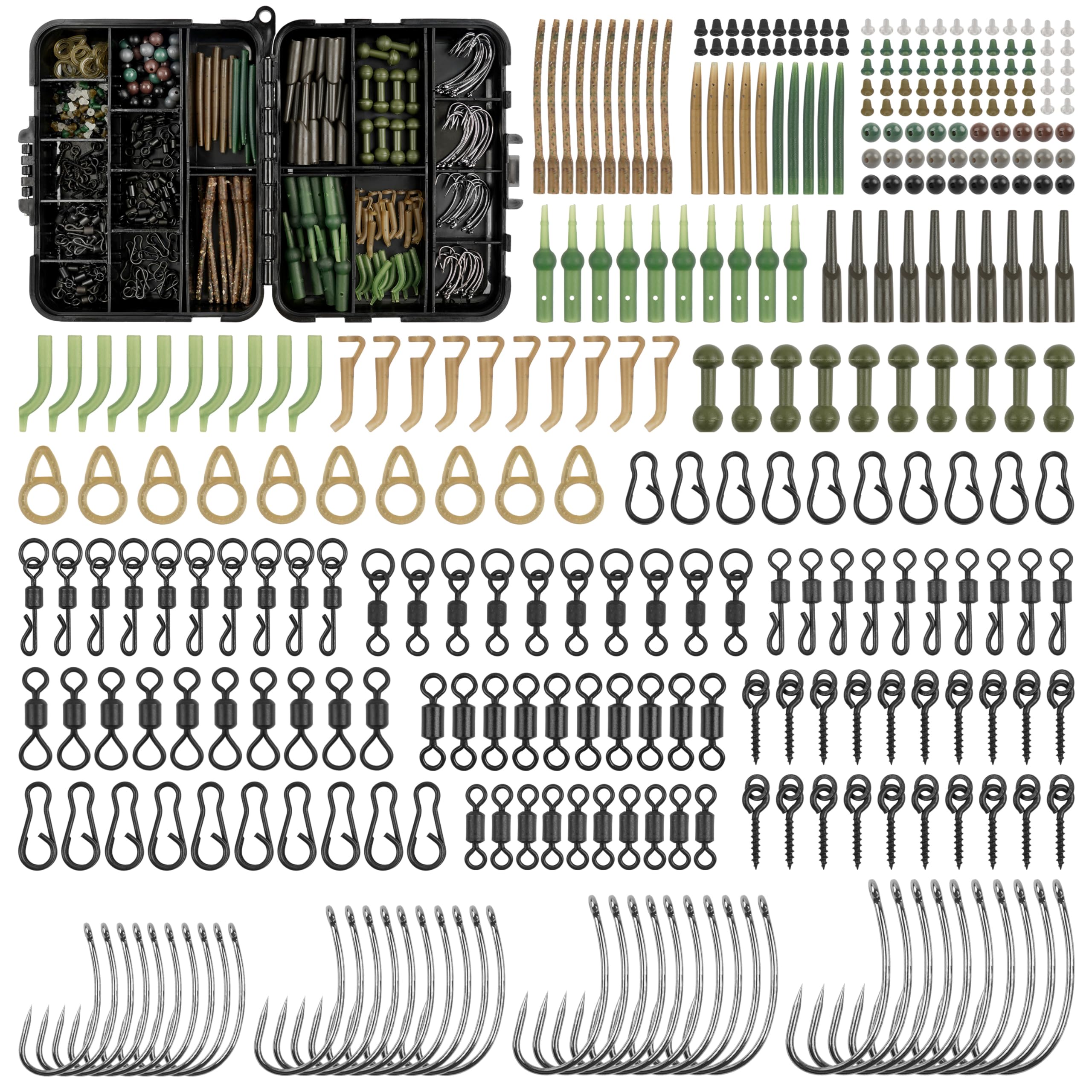 330pcs Carp Fishing Tackle Box Set Carp Rigs Making Kit Carp Fishing Accessories Including Various Matte Black Swivels Safety Clips Hooks Anti Tangle Sleeves Hook Stops Beads Boilie Bait Screw Rigs