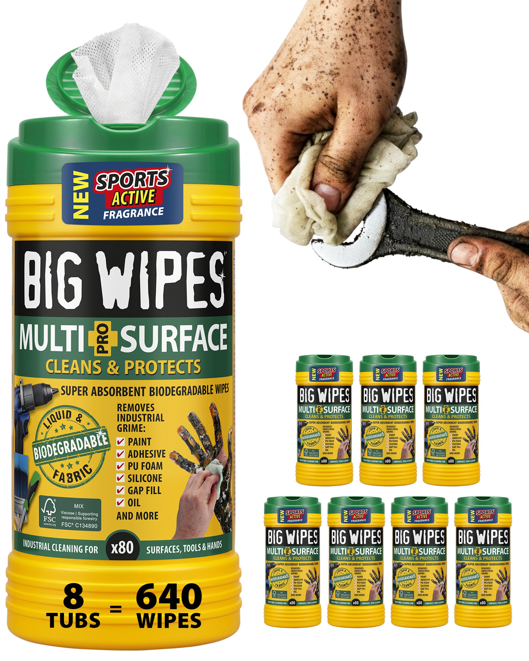 Big Wipes Multi-Surface Cleaning Wipes – Absorbent Surface & Hand Wipes – 4 Power Solvents & 4 Skin Conditioners – Industrial Cleaning Products – Heavy Duty Hand Cleaner – 8 Tubs X640